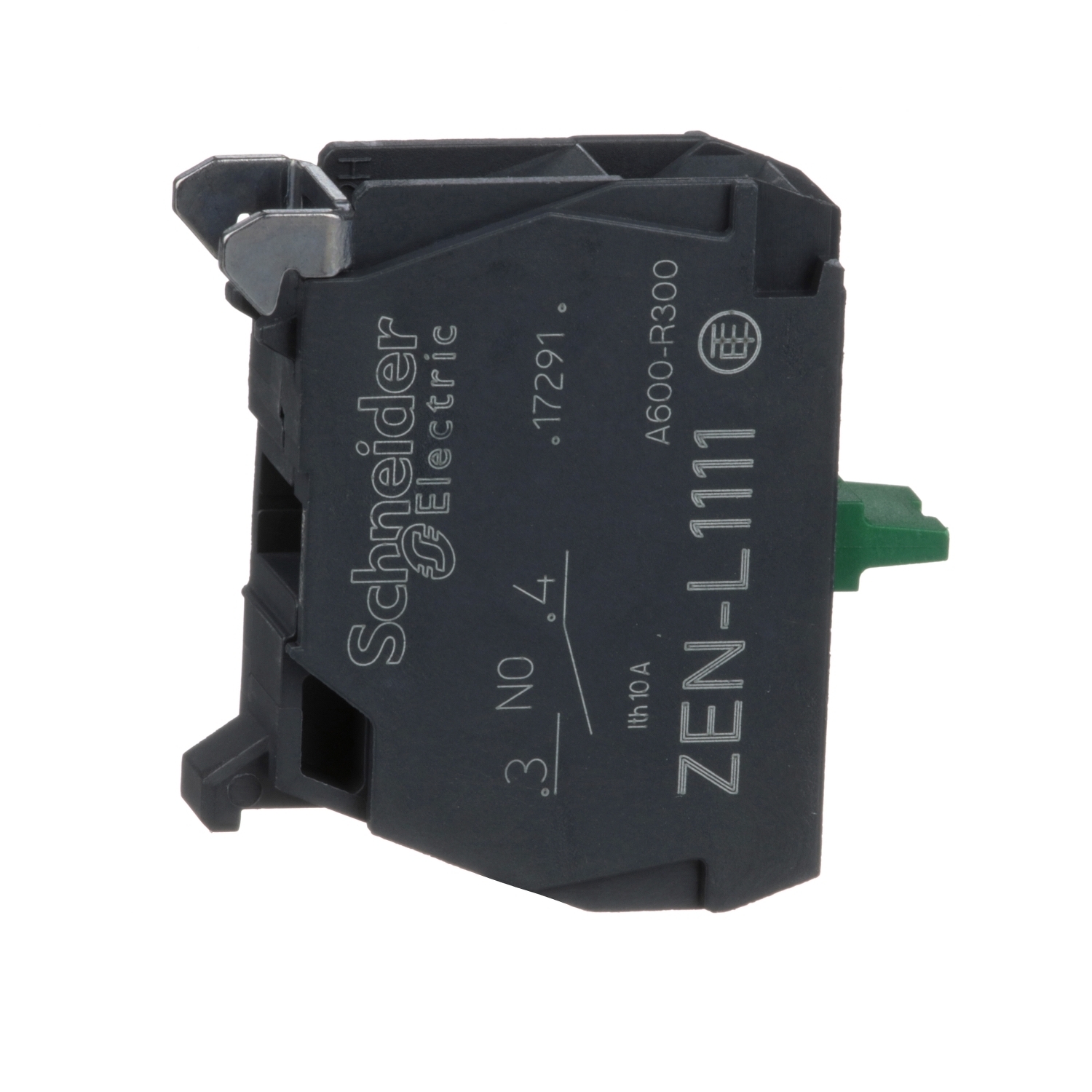ZENL1111 Harmony Auxiliary Contact Block, 1NO Contact, 10 A at 600 V AC Contact, 1 Poles, For Use With XAL Series, XAPS Control Station, XB5 22 mm Control and Signaling Unit, Silver Alloy Contact