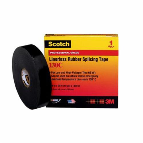 7000006086 Scotch 130C Linerless Premium Grade Splicing Tape, 30 ft L 1-1/2 in W, 30 mil THK, Ethylene Rubber Backing, Black
