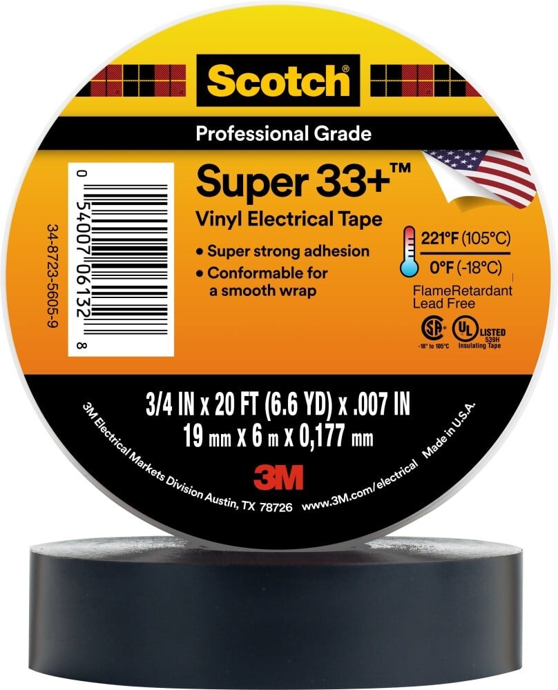 7000058432 Scotch Super 33+ Vinyl Electrical Tape, 3/4 inch x 20 ft, Black