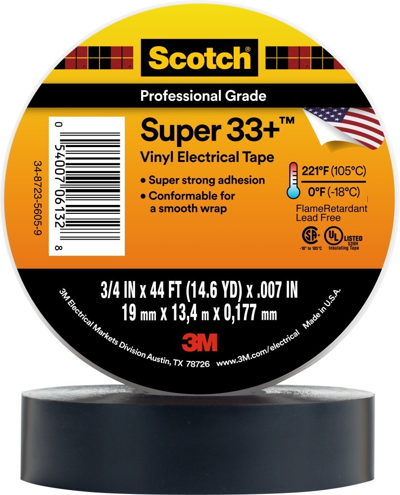 7010350130 Scotch Super 33+ Vinyl Electrical Tape, 3/4 inch x 44 ft, Black