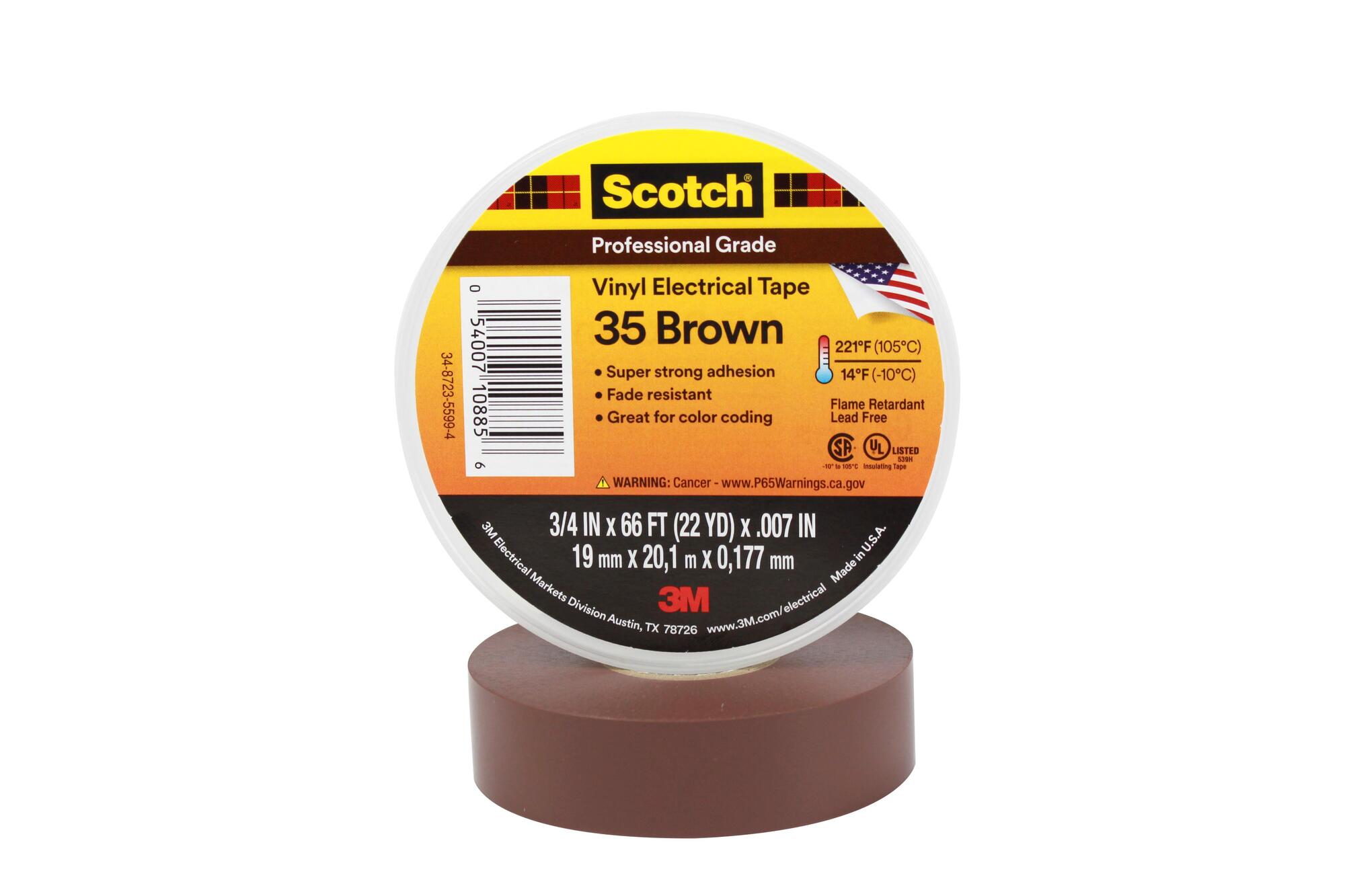 7000031580 Scotch Vinyl Color Coding Electrical Tape 35, 3/4 inch x 66 ft, Brown