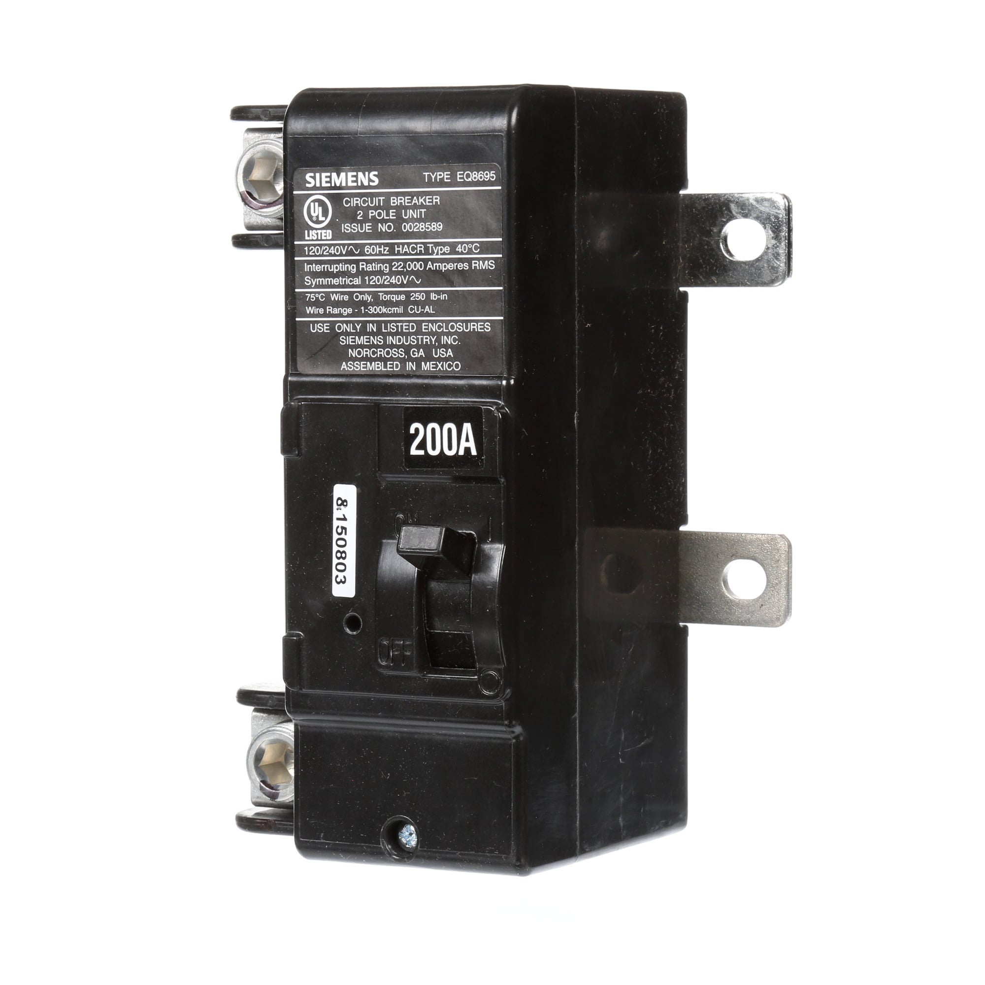 MBK200A SpeedFax Type SL Transfer Switch Main Circuit Breaker, 277/480 V AC, 200 A, 22 kA Interrupt, 2 Poles, Thermal Magnetic Trip