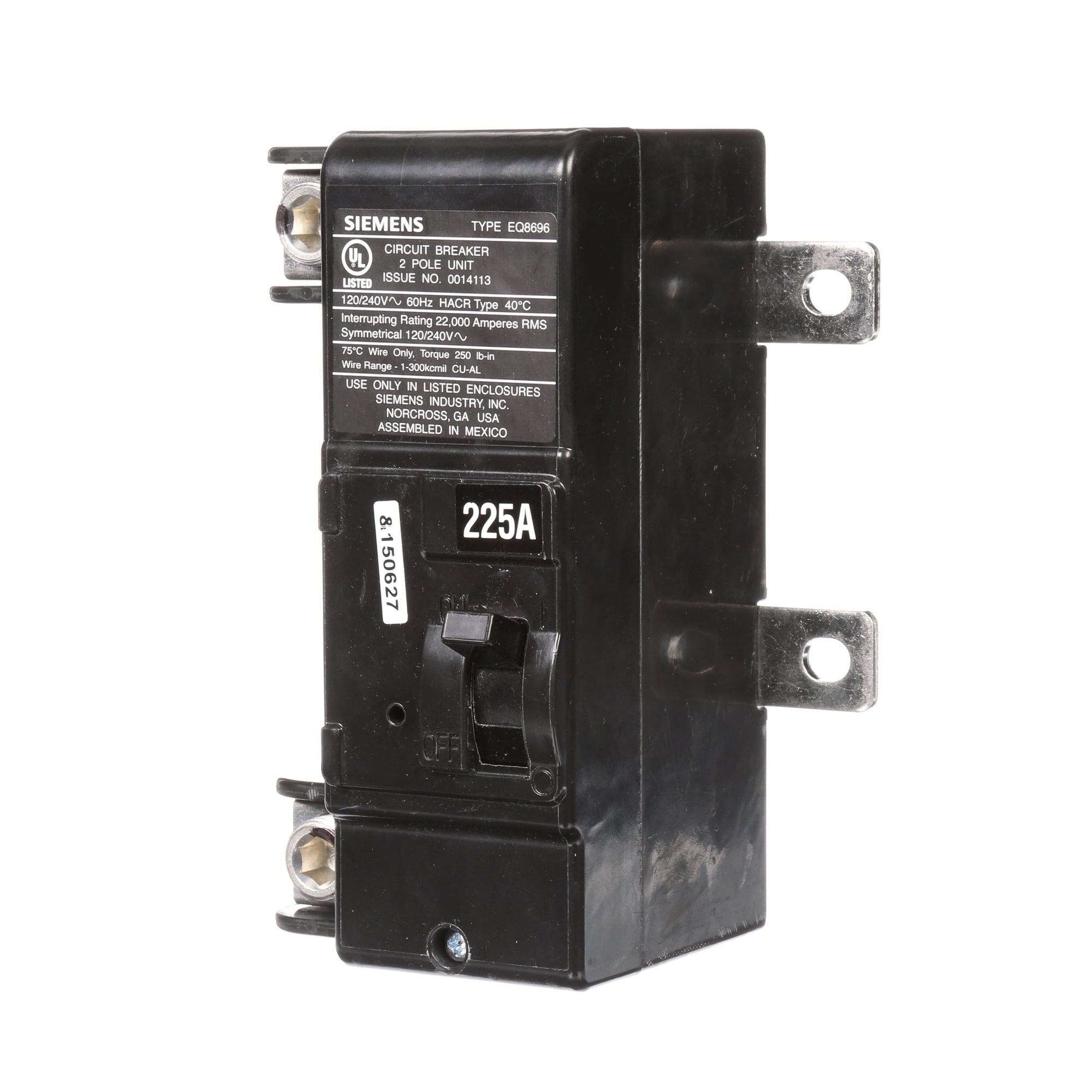MBK225A SpeedFax Type SL Transfer Switch Main Circuit Breaker, 120/240 V AC, 225 A, 22 kA Interrupt, 2 Poles, Thermal Magnetic Trip