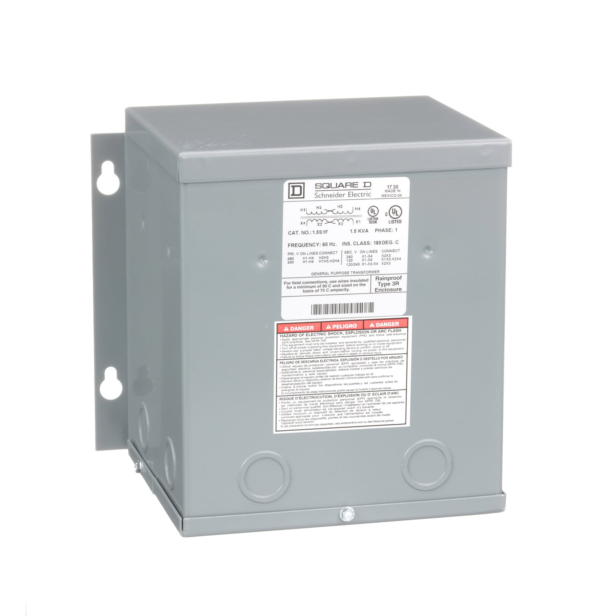 1.5S1F Distribution Dry Sealed Encapsulated Resin Sealed Transformer, 240 x 480 V AC Primary, 120/240 VAC Secondary, 1.5 kVA Power Rating, 60 Hz, 1 Phase