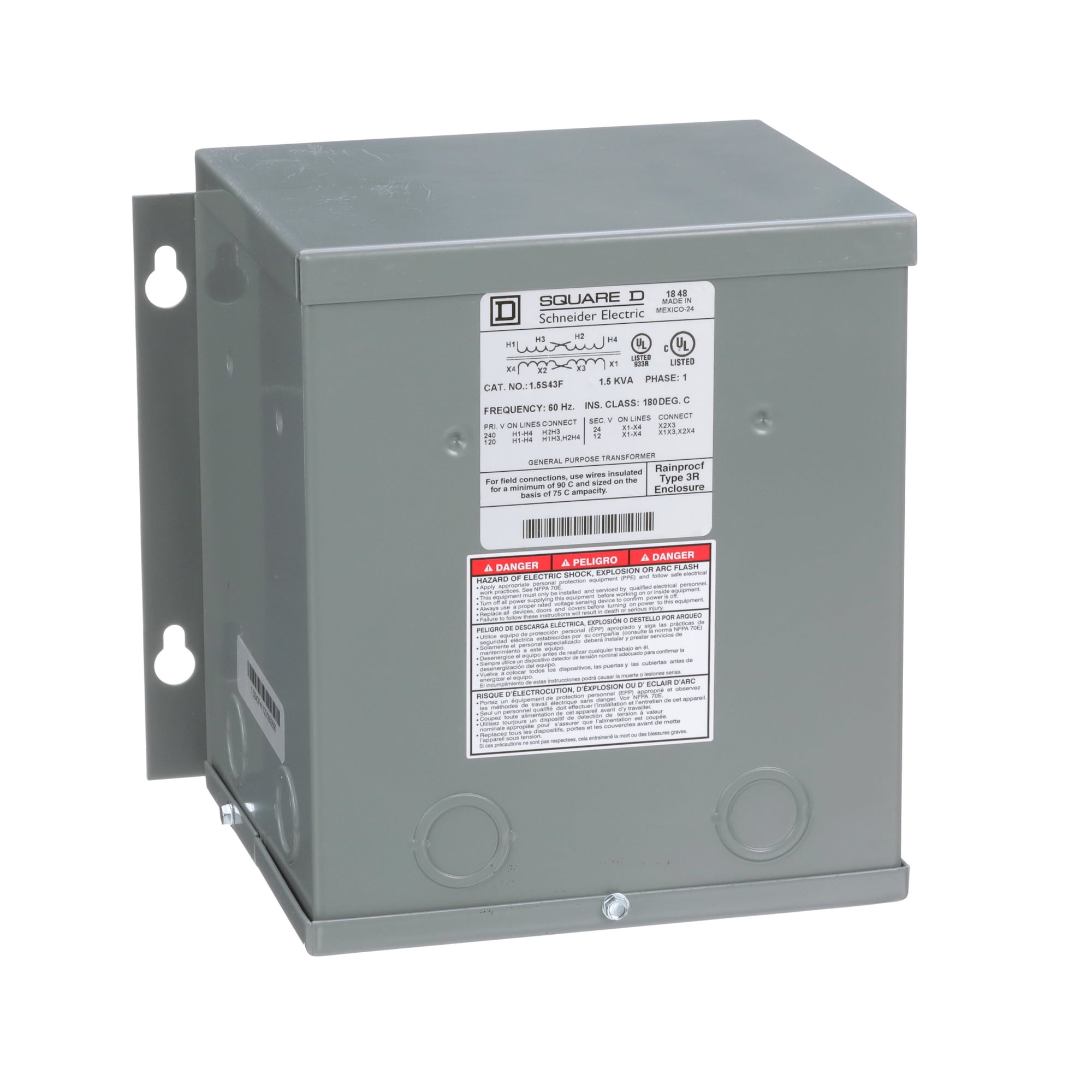 1.5S43F Dry Buck And Boost Transformer, 120/240 V AC Primary, 12/24 VAC Secondary, 1.5 kVA Power Rating, 60 Hz, 1 Phase