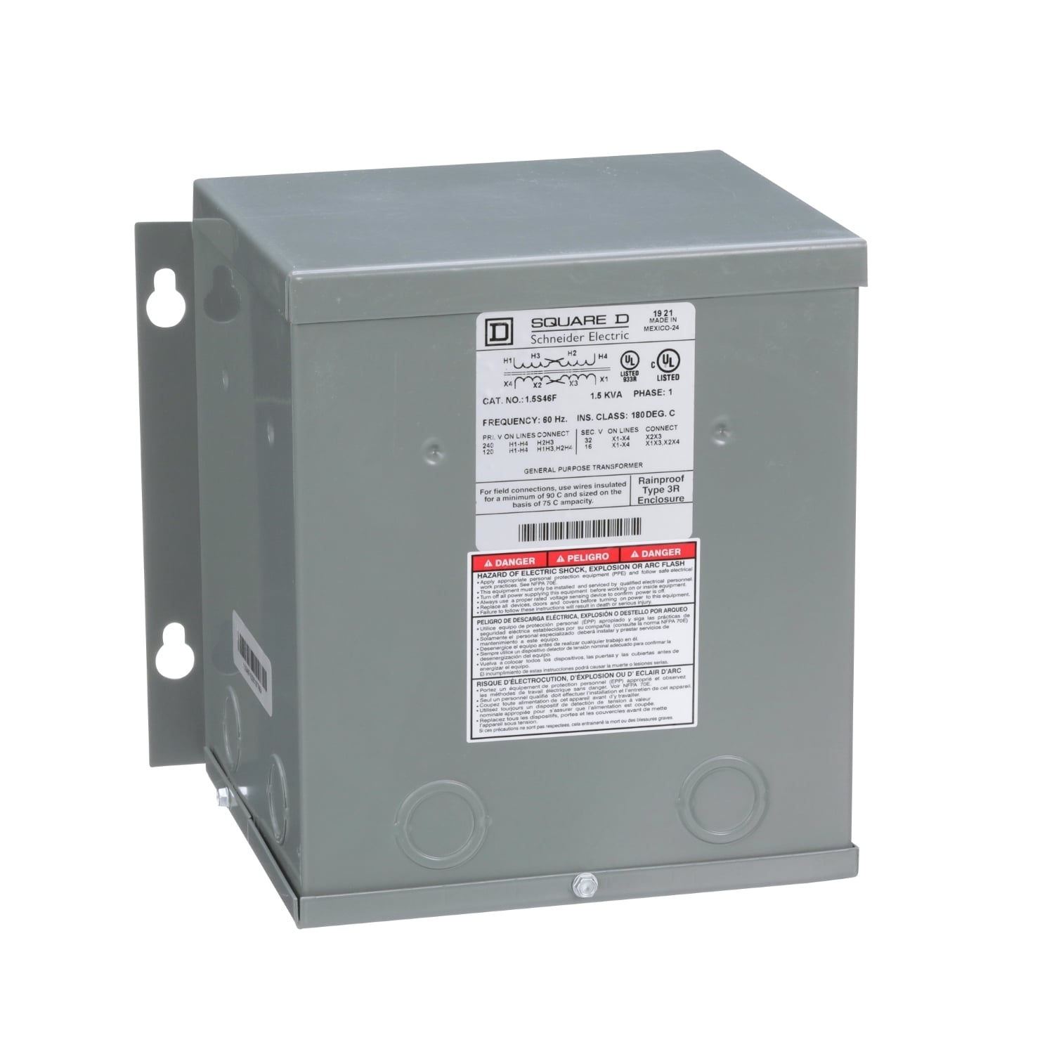 1.5S46F Dry Buck And Boost Transformer, 120/240 V AC Primary, 16/32 VAC Secondary, 1.5 kVA Power Rating, 60 Hz, 1 Phase