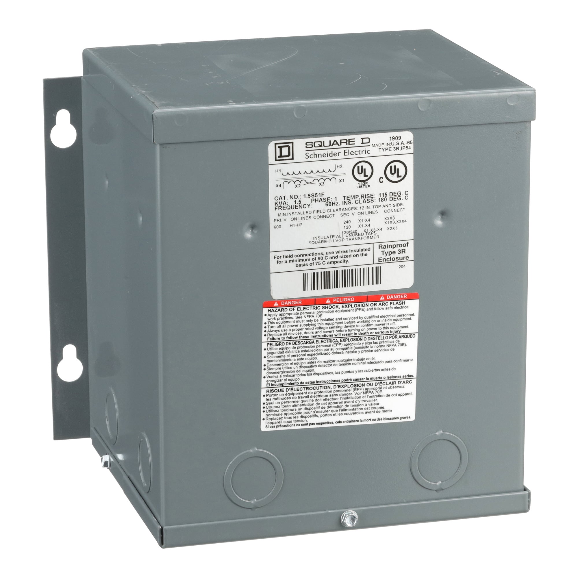 1.5S51F Dry Sealed Low Voltage Transformer, 600 V AC Primary, 120/240 VAC Secondary, 1.5 kVA Power Rating, 60 Hz, 1 Phase