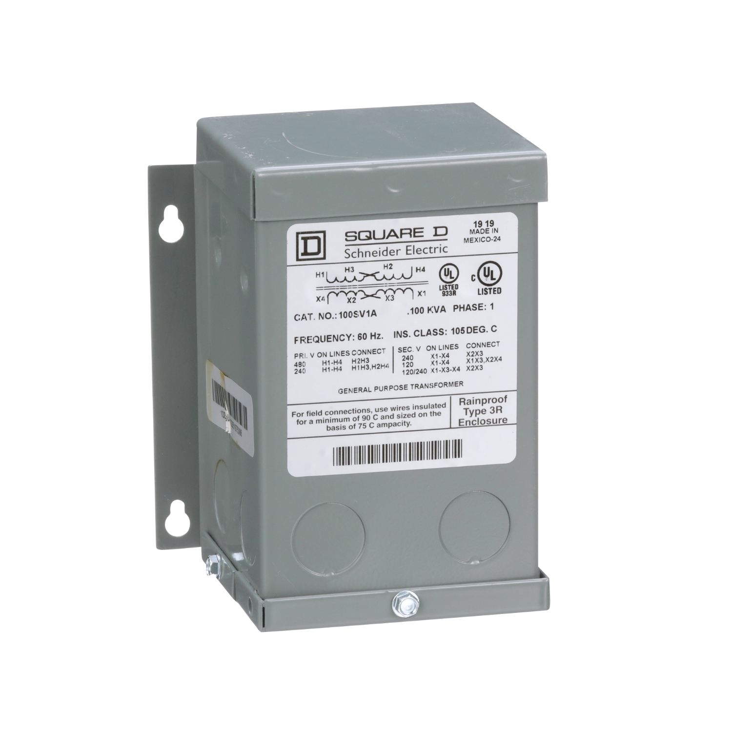 100SV1A XFMR Dry Sealed Encapsulated Transformer, 240 x 480 V AC Primary, 120/240 VAC Secondary, 0.1 kVA Power Rating, 60 Hz, 1 Phase