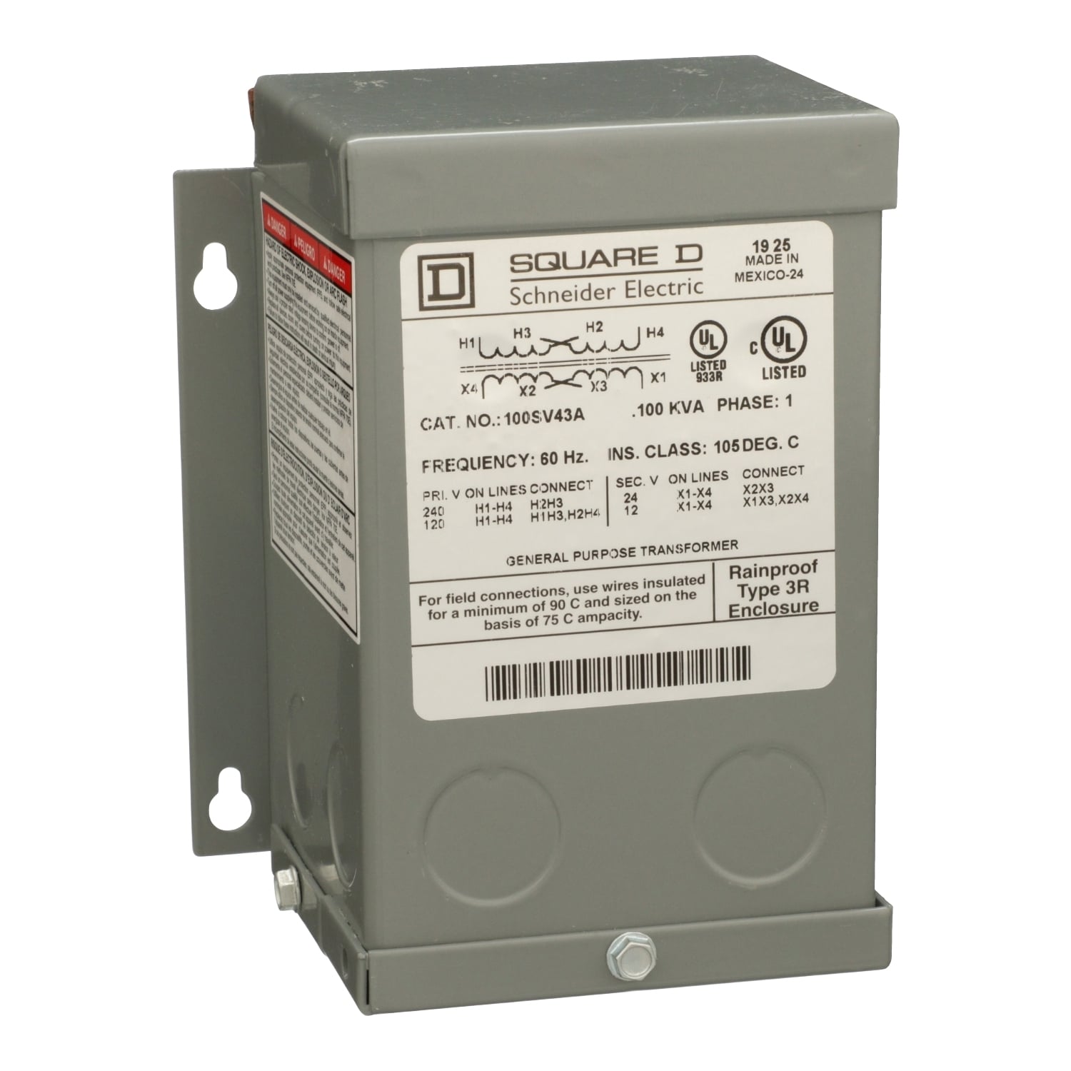 100SV43A Dry Buck And Boost Transformer, 120/240 V AC Primary, 12/24 VAC Secondary, 0.1 kVA Power Rating, 60 Hz, 1 Phase
