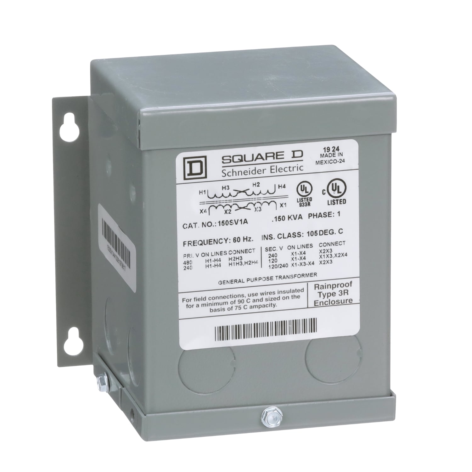 150SV1A Dry Sealed General Purpose Transformer, 240/480 V AC Primary, 120/240 VAC Secondary, 0.15 kVA Power Rating, 60 Hz, 1 Phase