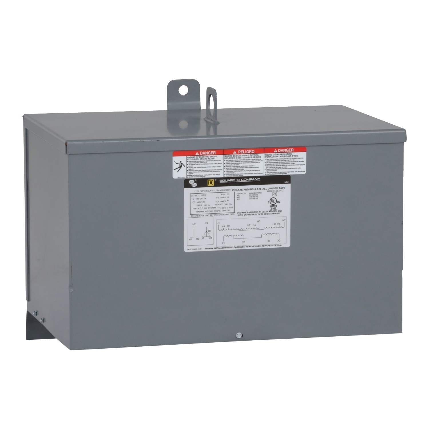 15T2F Dry Sealed Encapsulated General Purpose Transformer, 480 Delta VAC Primary, 208Y/120 V AC Secondary, 15 kVA Power Rating, 60 Hz, 3 Phase