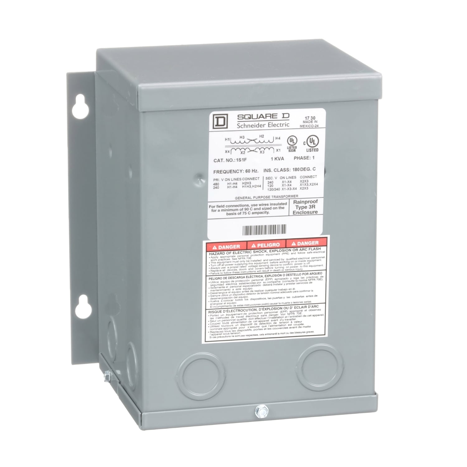 1S1F Distribution Dry Sealed Encapsulated Resin Sealed Transformer, 240 x 480 V AC Primary, 120/240 VAC Secondary, 1 kVA Power Rating, 60 Hz, 1 Phase