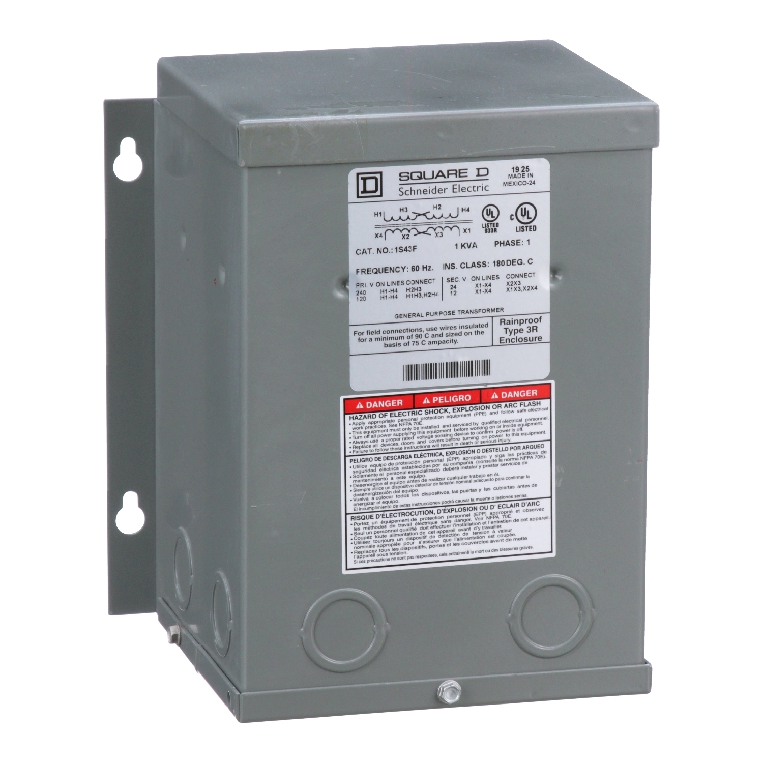 1S43F Dry Buck And Boost Transformer, 120/240 V AC Primary, 12/24 VAC Secondary, 1 kVA Power Rating, 60 Hz, 1 Phase