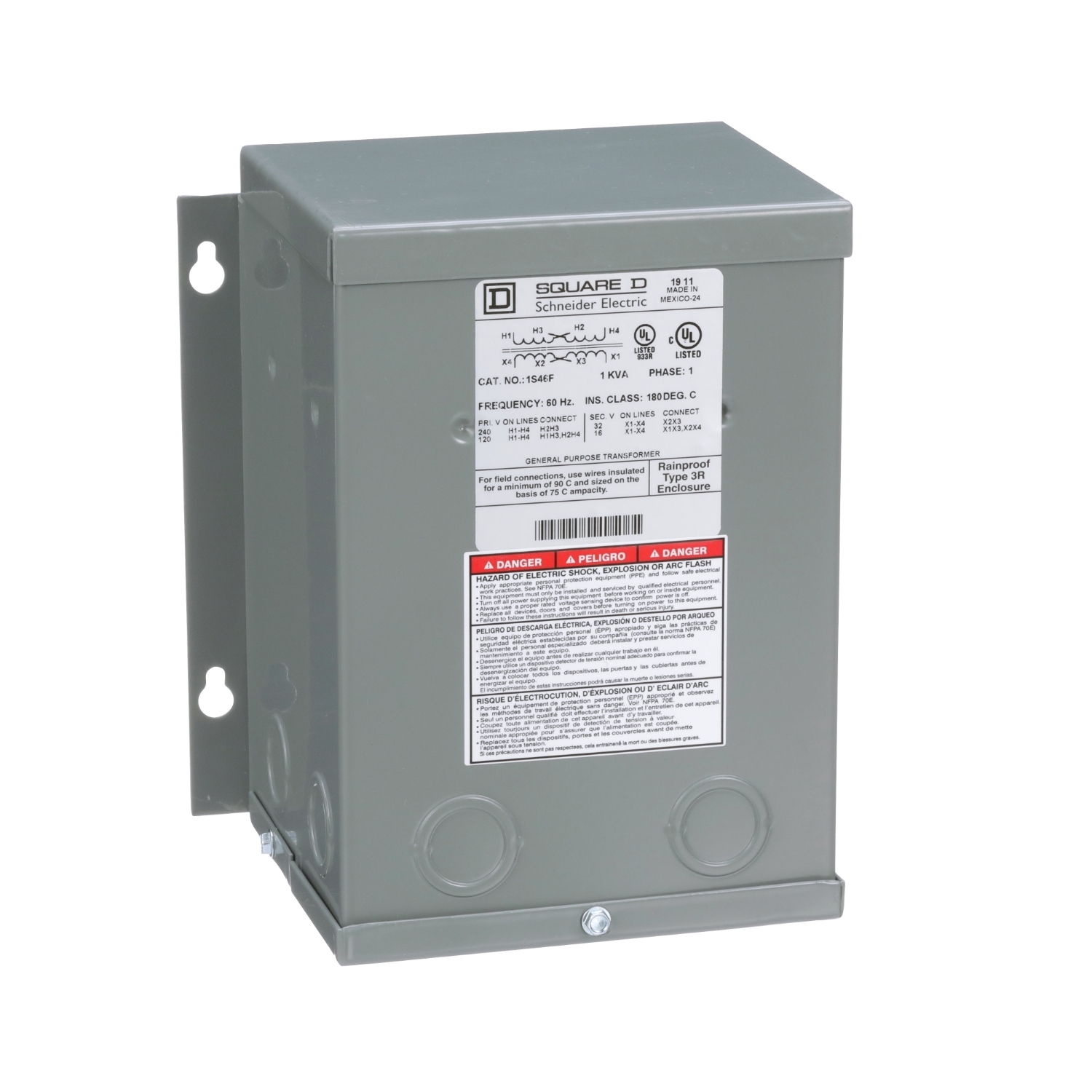 1S46F Dry Buck And Boost Transformer, 120/240 V AC Primary, 16/32 VAC Secondary, 1 kVA Power Rating, 60 Hz, 1 Phase