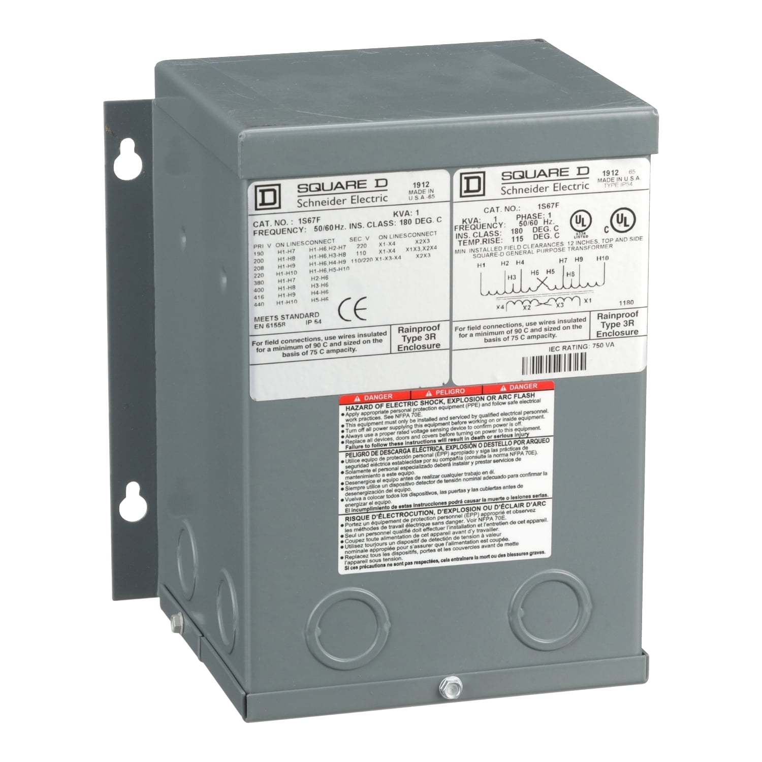 1S67F Dry Sealed Low Voltage Transformer, 190/200/208/220 x 380/400/416/440 V AC Primary, 110/220 VAC Secondary, 1 kVA Power Rating, 50/60 Hz, 1 Phase