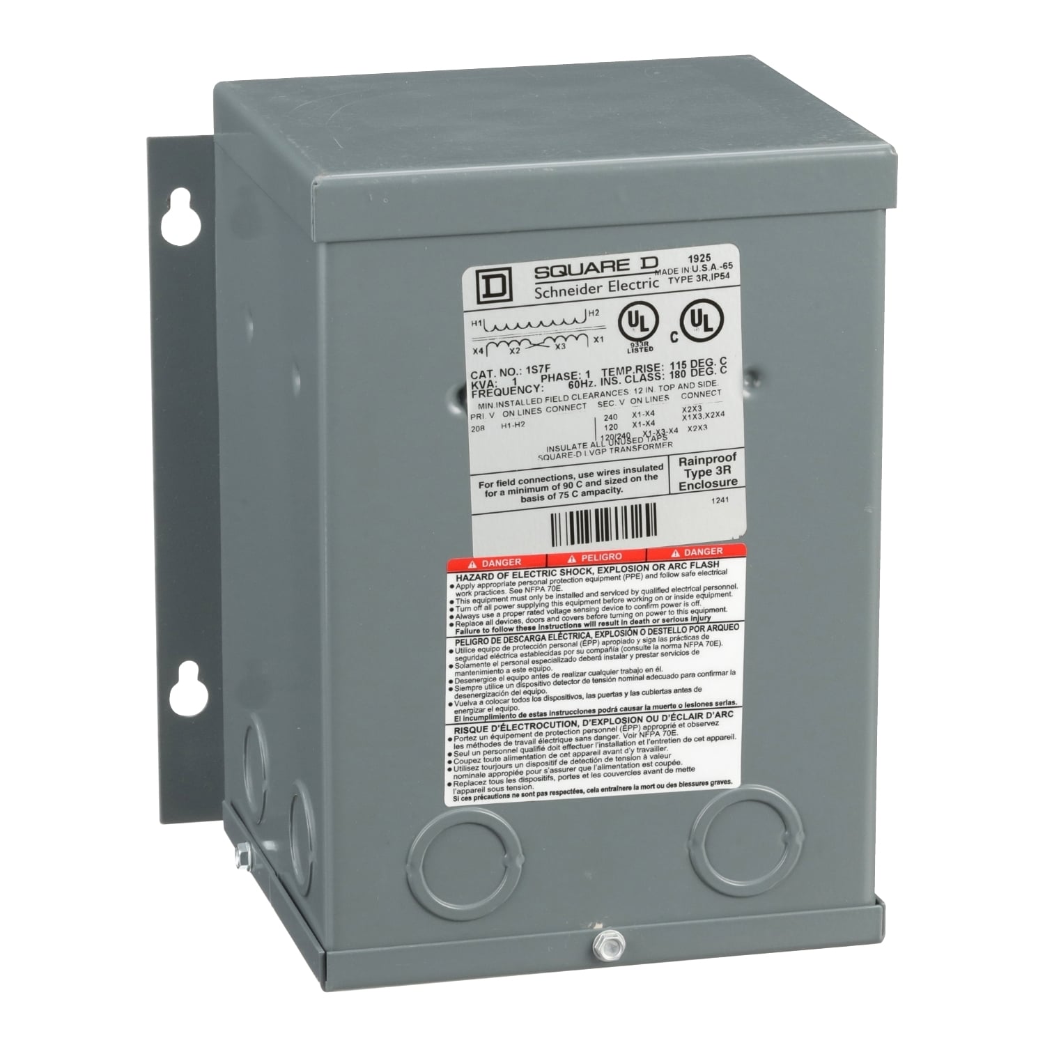 1S7F Dry Sealed Encapsulated General Purpose Transformer, 208 V AC Primary, 120/240 VAC Secondary, 1 kVA Power Rating, 60 Hz, 1 Phase