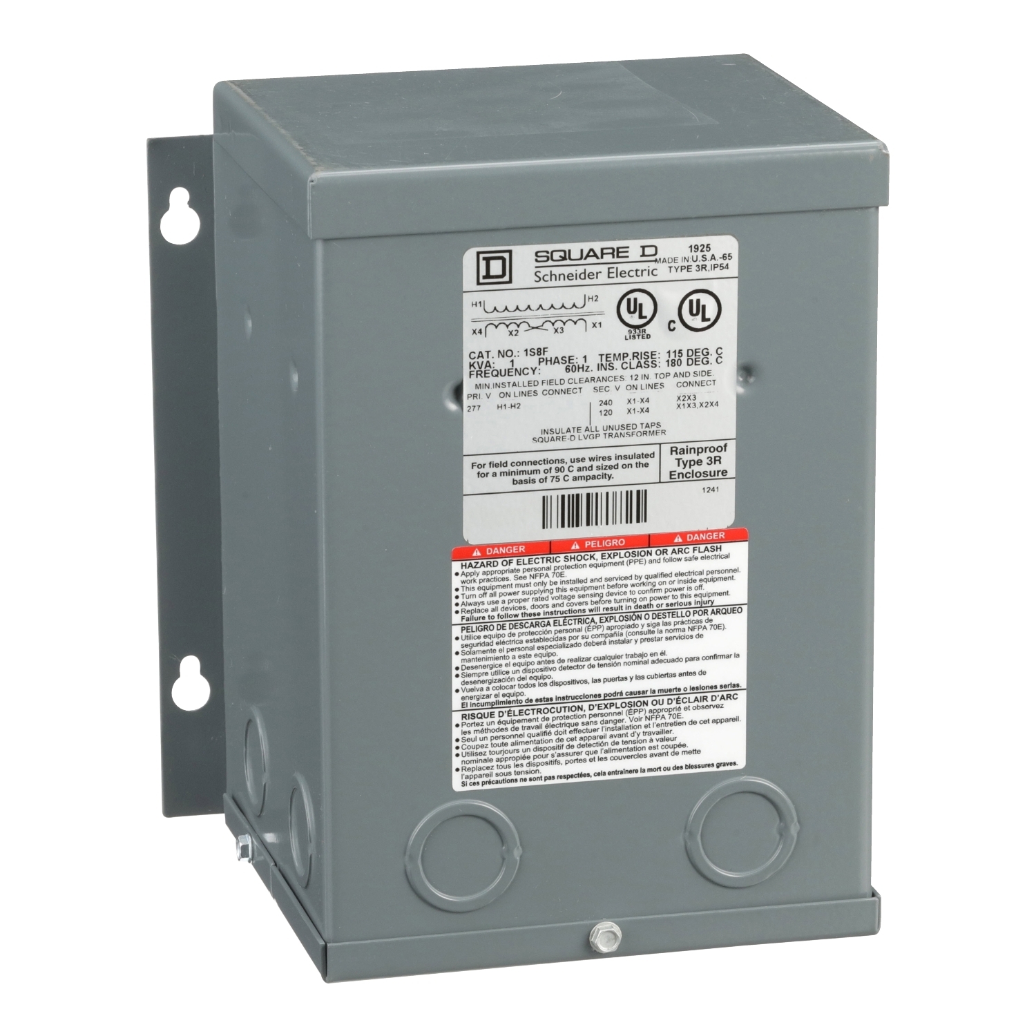 1S8F Dry Sealed Low Voltage Transformer, 277 V AC Primary, 120/240 VAC Secondary, 1 kVA Power Rating, 60 Hz, 1 Phase