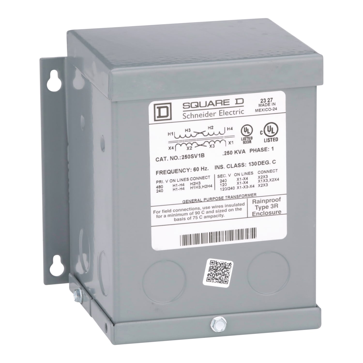 250SV1B XFMR Dry Sealed Encapsulated Transformer, 240 x 480 V AC Primary, 120/240 VAC Secondary, 0.25 kVA Power Rating, 60 Hz, 1 Phase