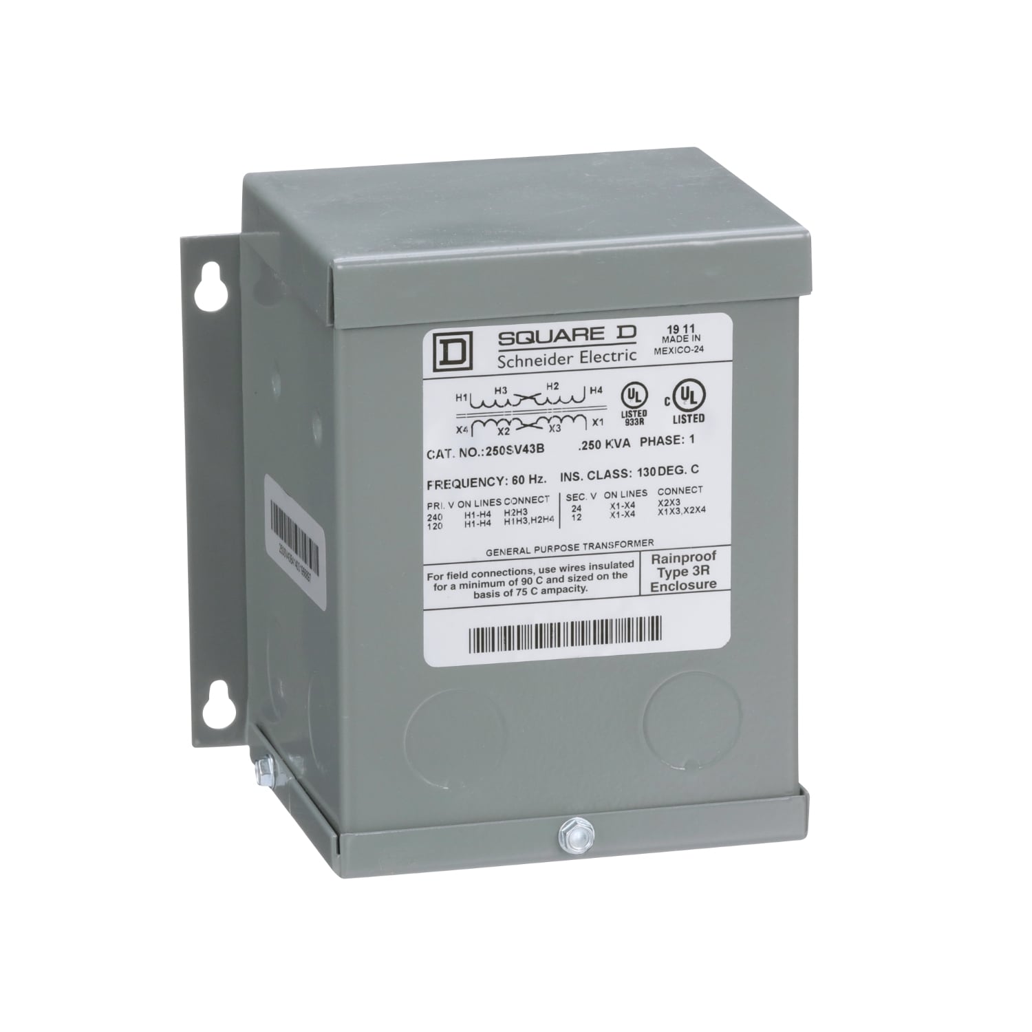 250SV43B Dry Buck And Boost Transformer, 120/240 V AC Primary, 12/24 VAC Secondary, 0.25 kVA Power Rating, 60 Hz, 1 Phase