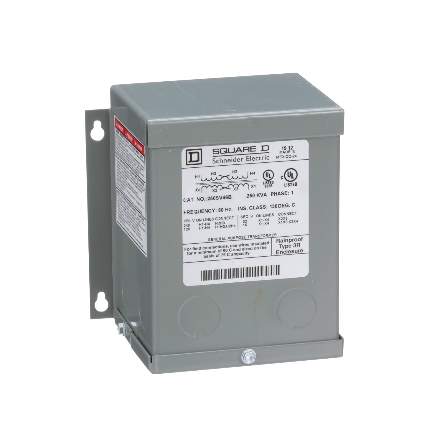 250SV46B Dry Buck Boost Transformer, 120/240 V AC Primary, 16/32 VAC Secondary, 0.25 kVA Power Rating, 60 Hz, 1 Phase