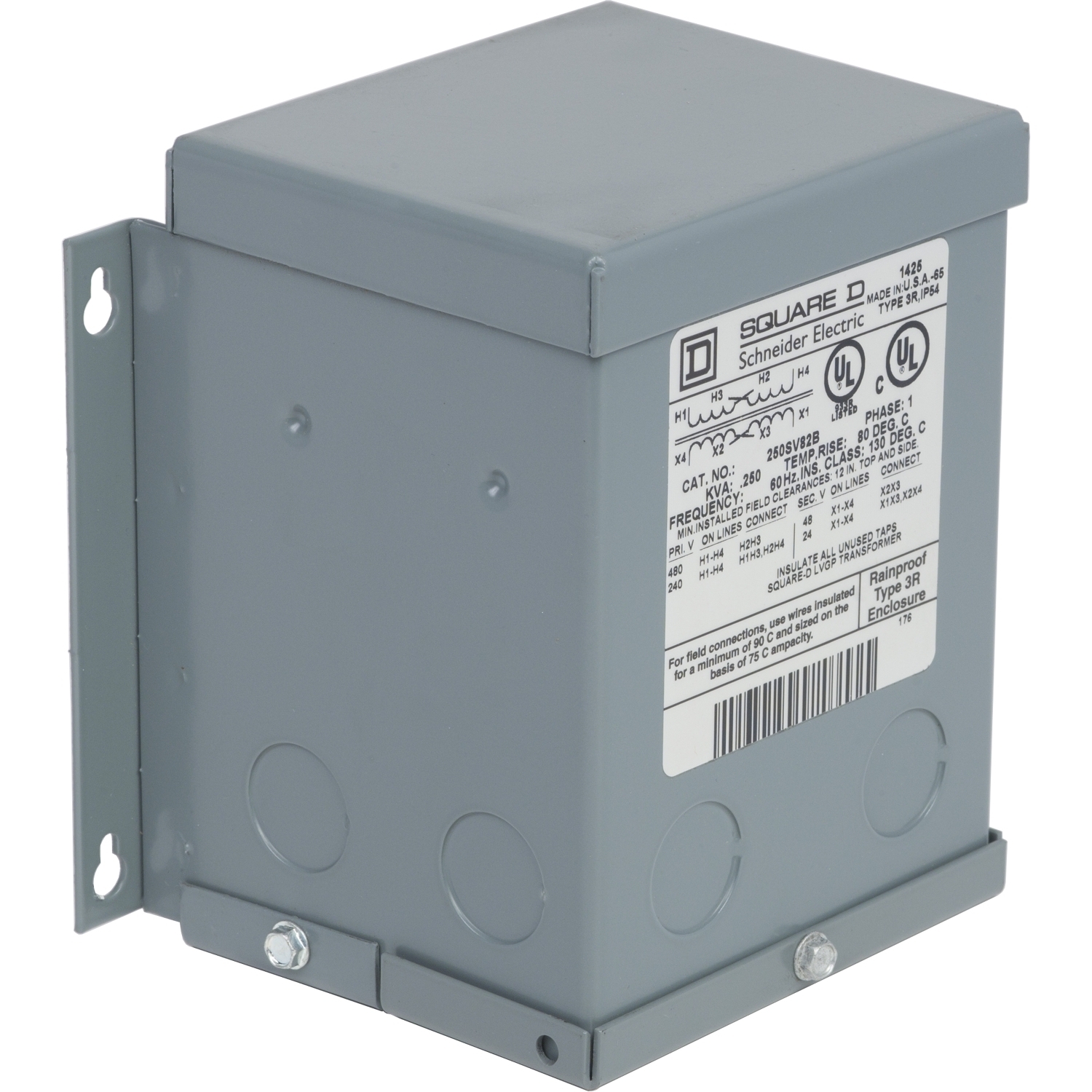 250SV82B Dry Sealed Buck and Boost Transformer, 240/480 V AC Primary, 24/48 VAC Secondary, 0.25 kVA Power Rating, 60 Hz, 1 Phase