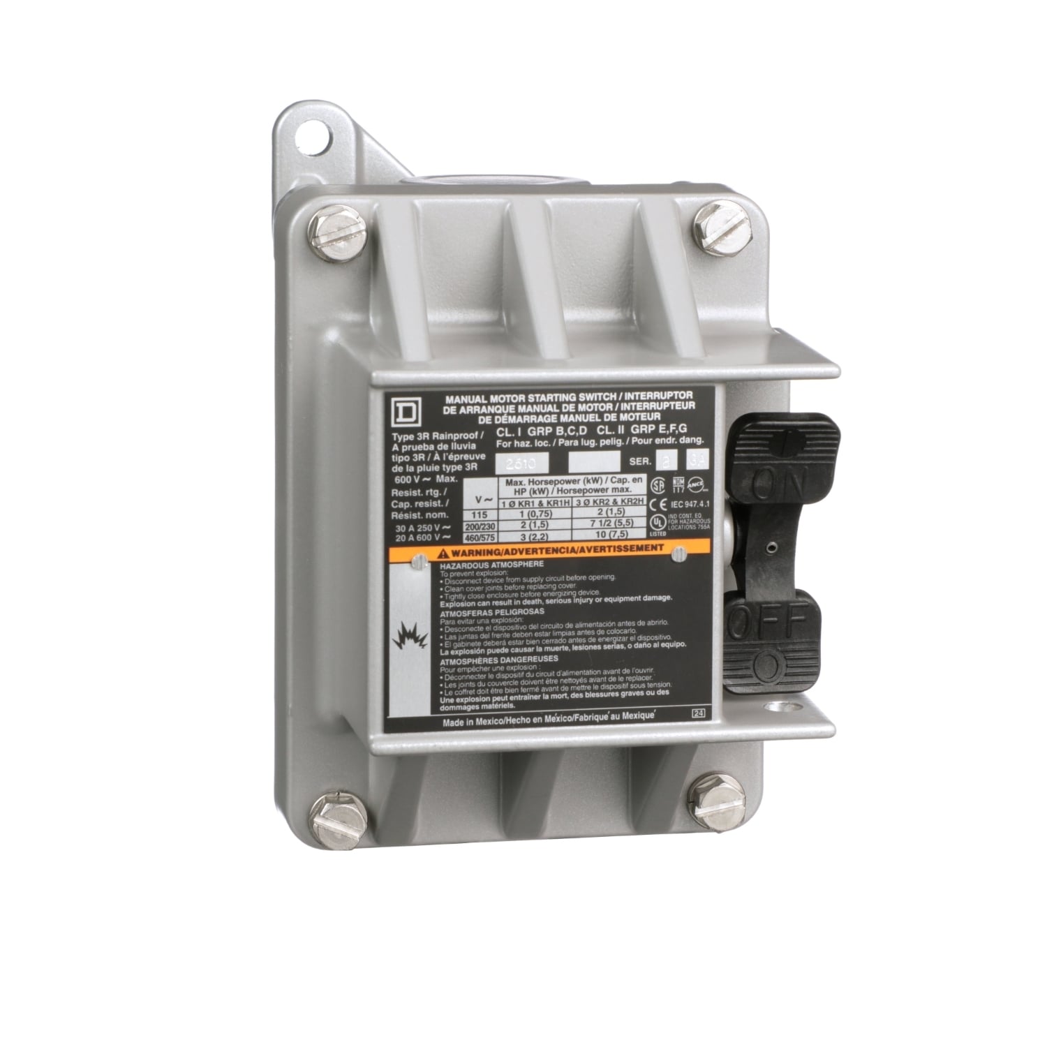 2510KR1 Type K Non-Reversing Manual Switch, 2 Poles, NEMA 3R/7/9 Enclosure