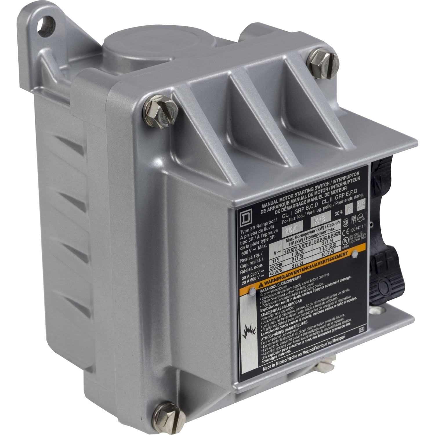 2510KR1H 1-Phase Type K Non-Reversing Single Unit Manual Switch, 600 V AC/230 V DC, 30 A, 2 hp, 3 hp Power Rating