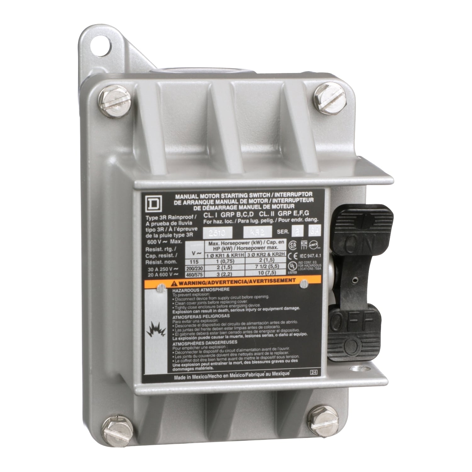 2510KR2 Type K 3-Phase 1-Unit Standard Manual Switch With Handle Guard/Lock-Off, 600 V AC/230 V DC, 20 A, 1 hp at 90 VDC, 1.5 hp at 230 VDC, 2 hp at 115 VAC/115 VDC, 7.5 hp at 230 VAC, 10 hp at 460 VAC/575 VAC Power Rating