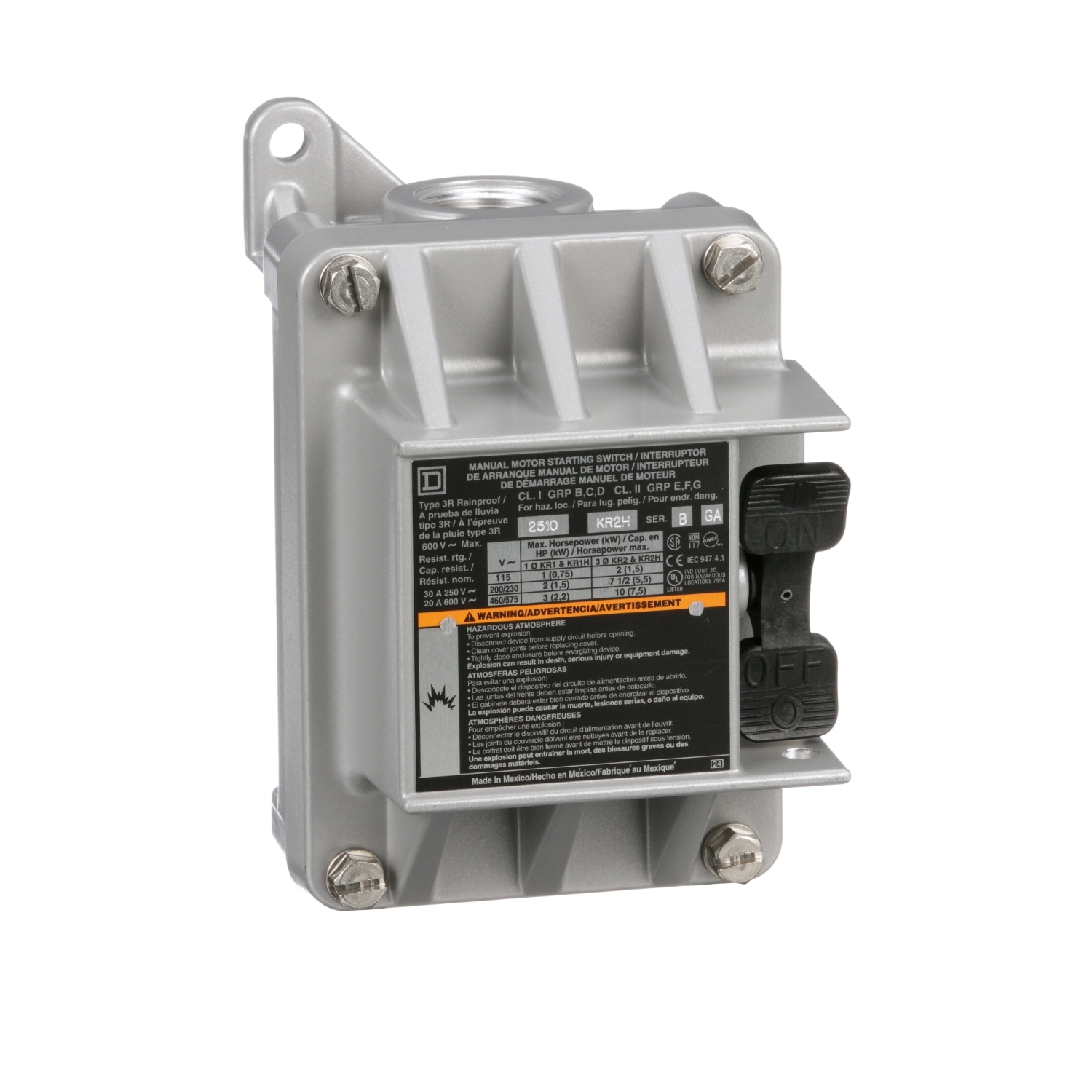 2510KR2H Type K Manual Switch, Non-Reversing Action, 3 Poles, NEMA 3R/7/9 Enclosure