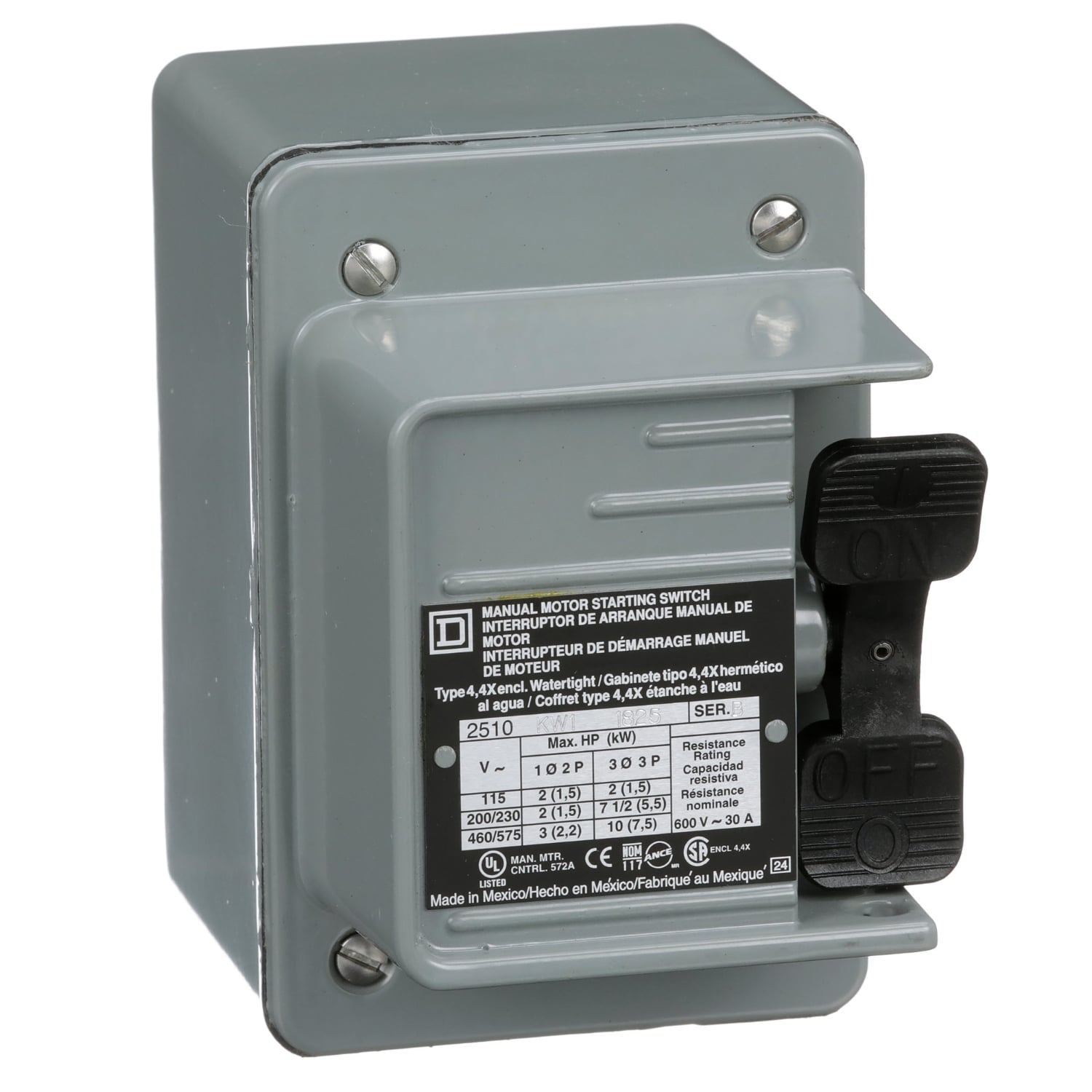 2510KW1 Type K Manual Switch, Non-Reversing Action, 2 Poles, NEMA 4 Enclosure