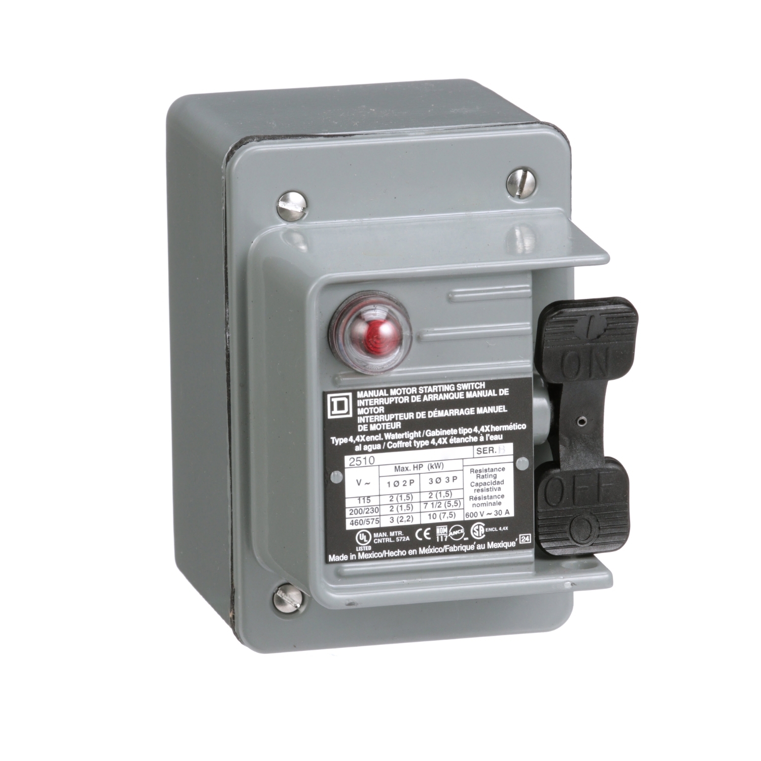 2510KW1A 1-Phase Type K Single Unit Manual Switch With Handle Guard/Lock-Off, 600 V AC/230 V DC, 30 A, 2 hp at 115/230 VAC/3 hp at 460/575 VAC Power Rating
