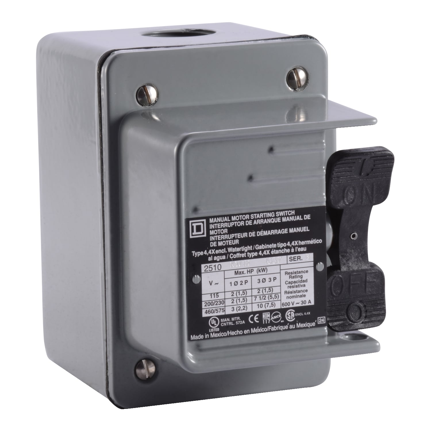 2510KW1H Type K Non-Reversing Manual Switch, 2 Poles, NEMA 4 Enclosure