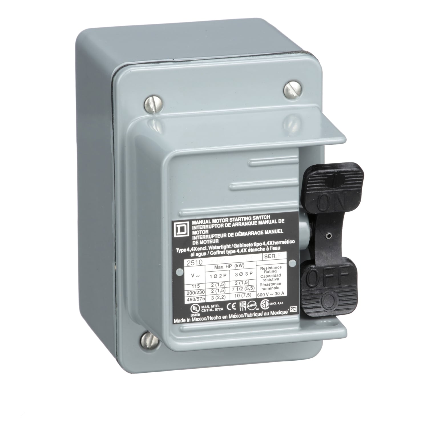 2510KW2 Type K 3-Phase 1-Unit Standard Manual Switch, 600 V AC/230 V DC, 30 A, 1 hp at 90 VDC/1-1/2 hp at 230 VDC/2 hp at 115 VAC/115 VDC/7-1/2 hp at 230 VAC/230 VDC/600 VAC/10 hp at 575 VAC/460 VAC Power Rating