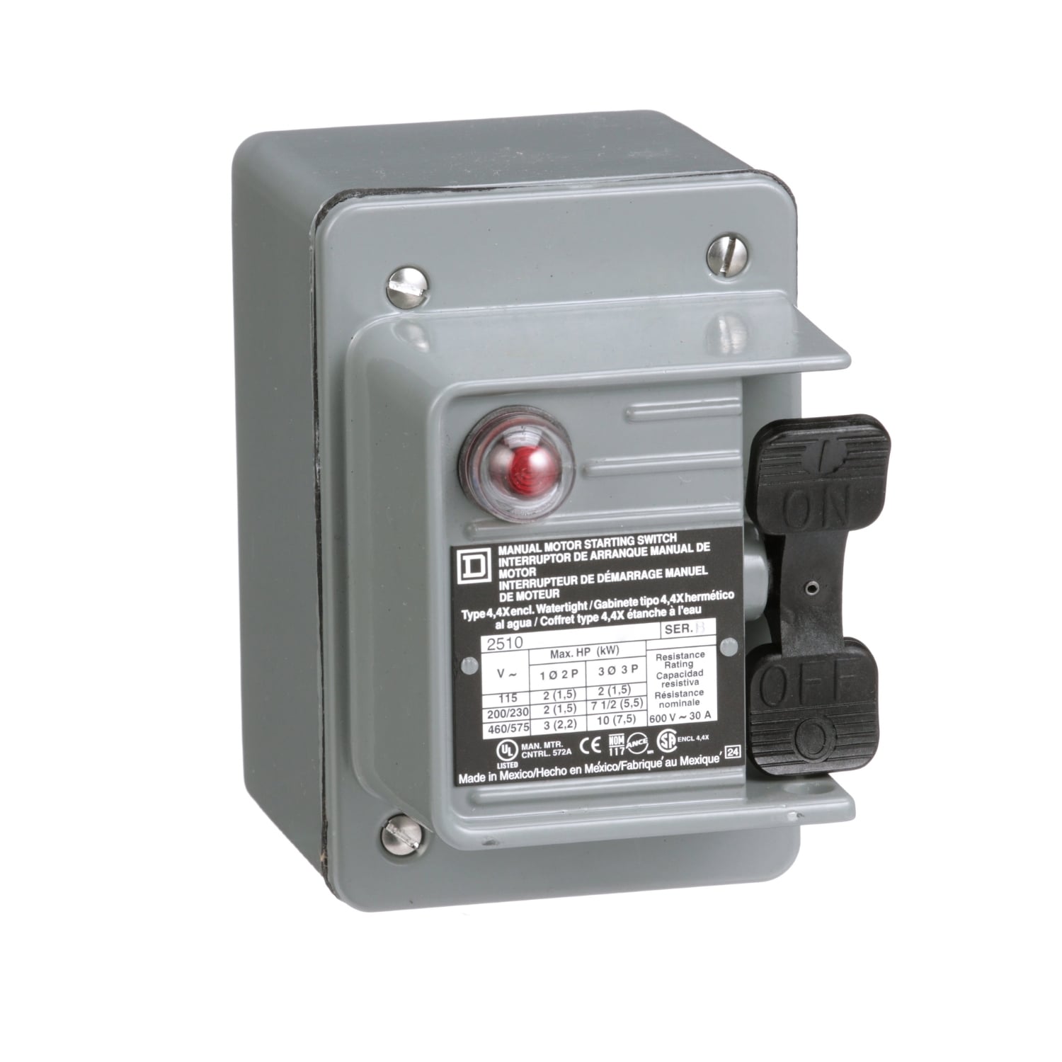 2510KW2B 3-Phase Type K Manual Switch, 600 V AC/230 V DC, 30 A, 2 hp at 115 VAC/7-1/2 hp at 230 VAC/10 hp at 460/575 VAC Power Rating