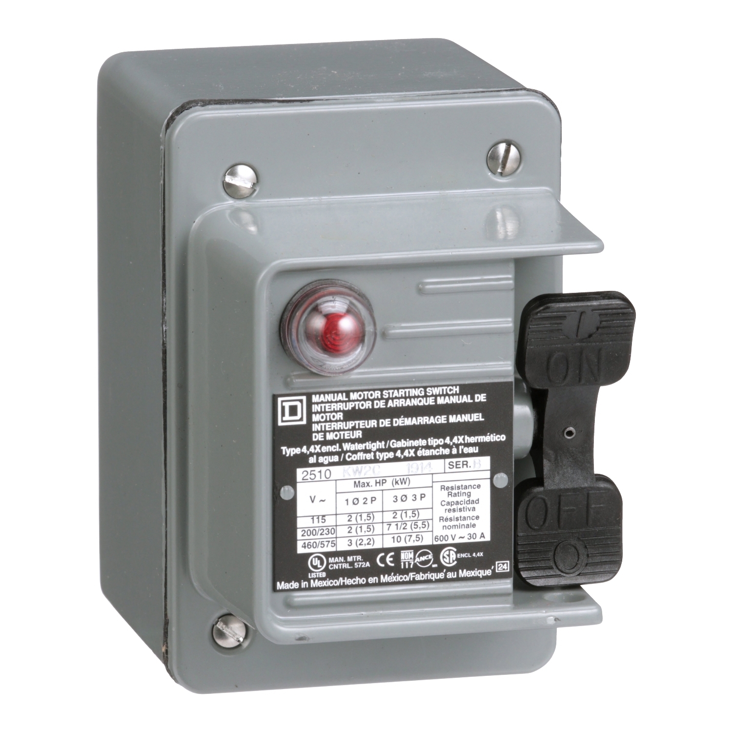 2510KW2C Type K Manual Switch, Non-Reversing Action, 3 Poles, NEMA 4 Enclosure