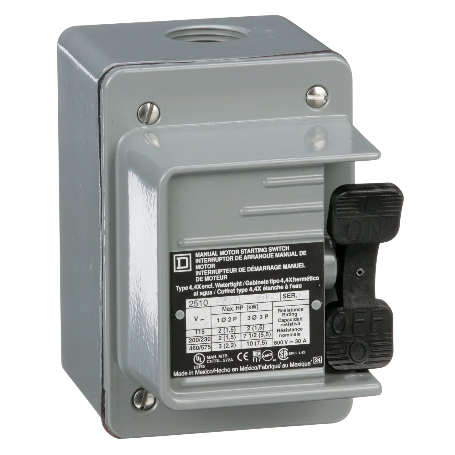 2510KW2H Type K 3-Phase Non-Reversing 1-Unit Standard Manual Switch, 600 V AC/230 V DC, 30 A