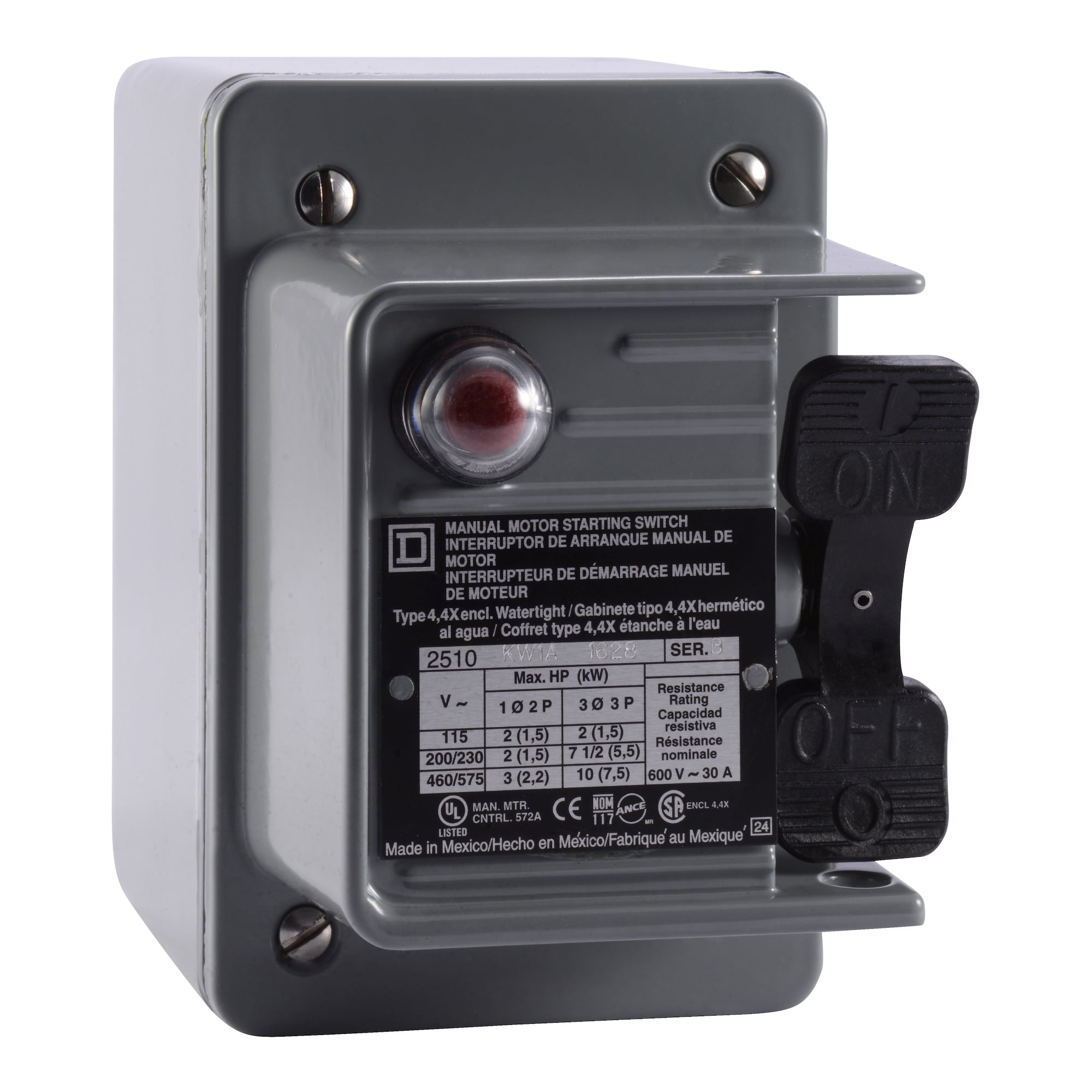 2510KW5B 1-Phase Type K Non-Reversing Single Unit Manual Switch, 600 VAC, 230 VDC, 30 A, 1 hp, 1-1/2 hp, 2 hp, 3 hp, 7-1/2 hp, 10 hp Power Rating