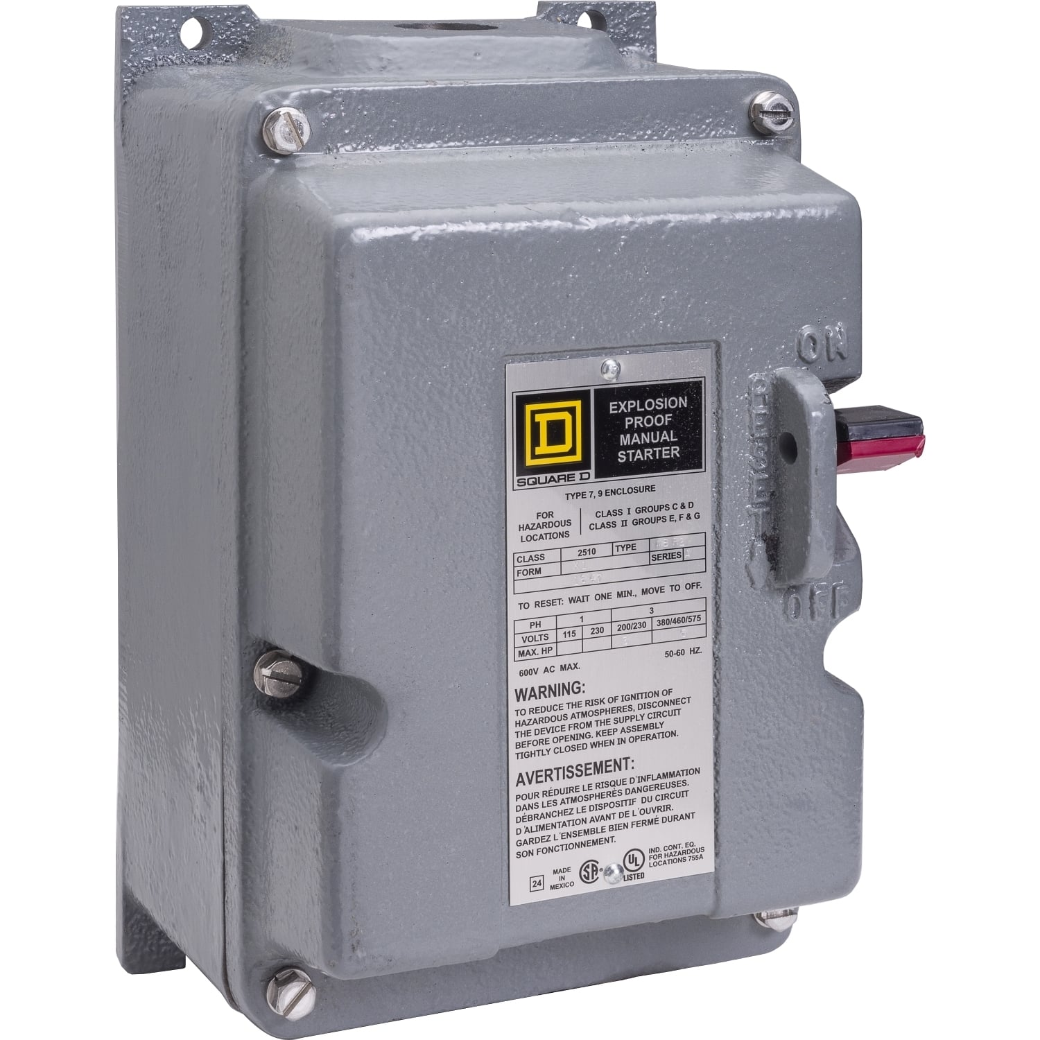 2510MBR2 Type M Manual Starter, 3 Poles, NEMA 7/9 Enclosure