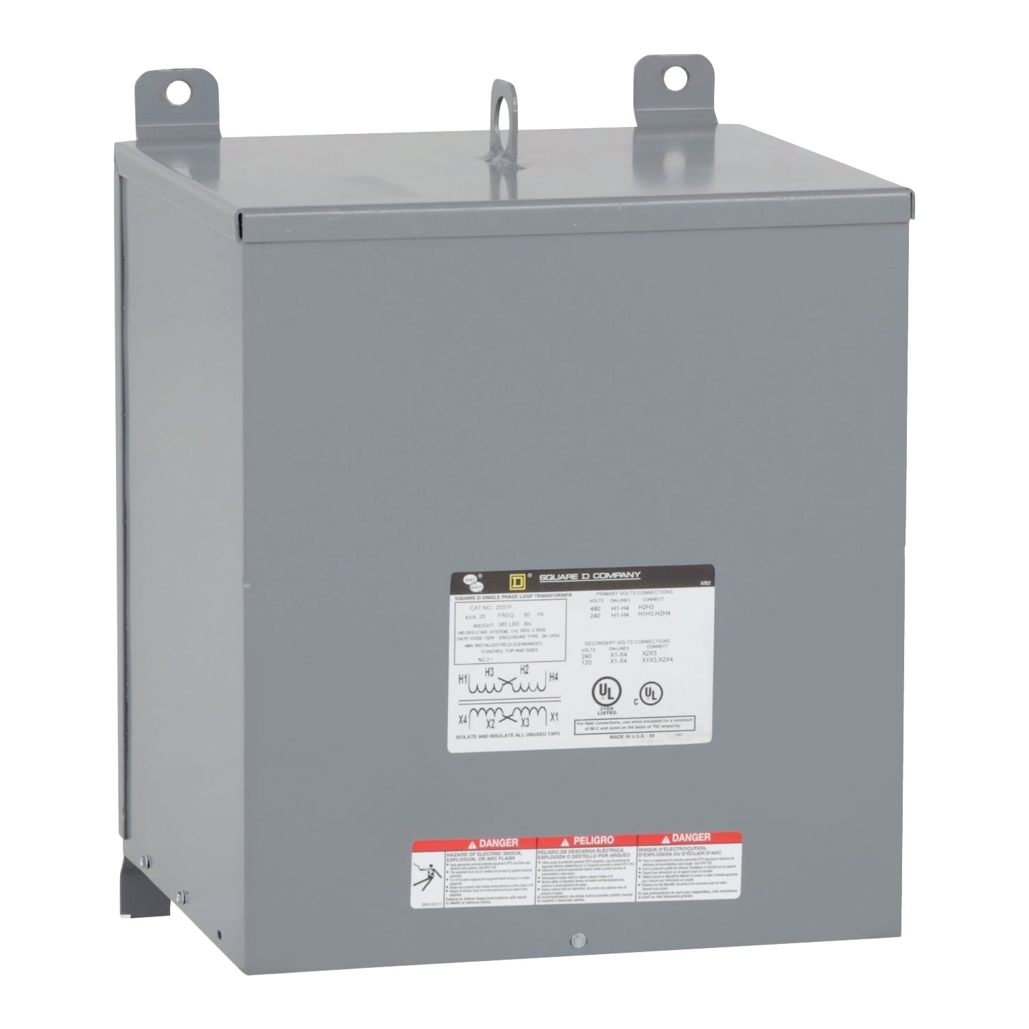 25S1F Dry Sealed Low Voltage Low Voltage Transformer, 240/480 V AC Primary, 120/240 VAC Secondary, 25 kVA Power Rating, 60 Hz, 1 Phase