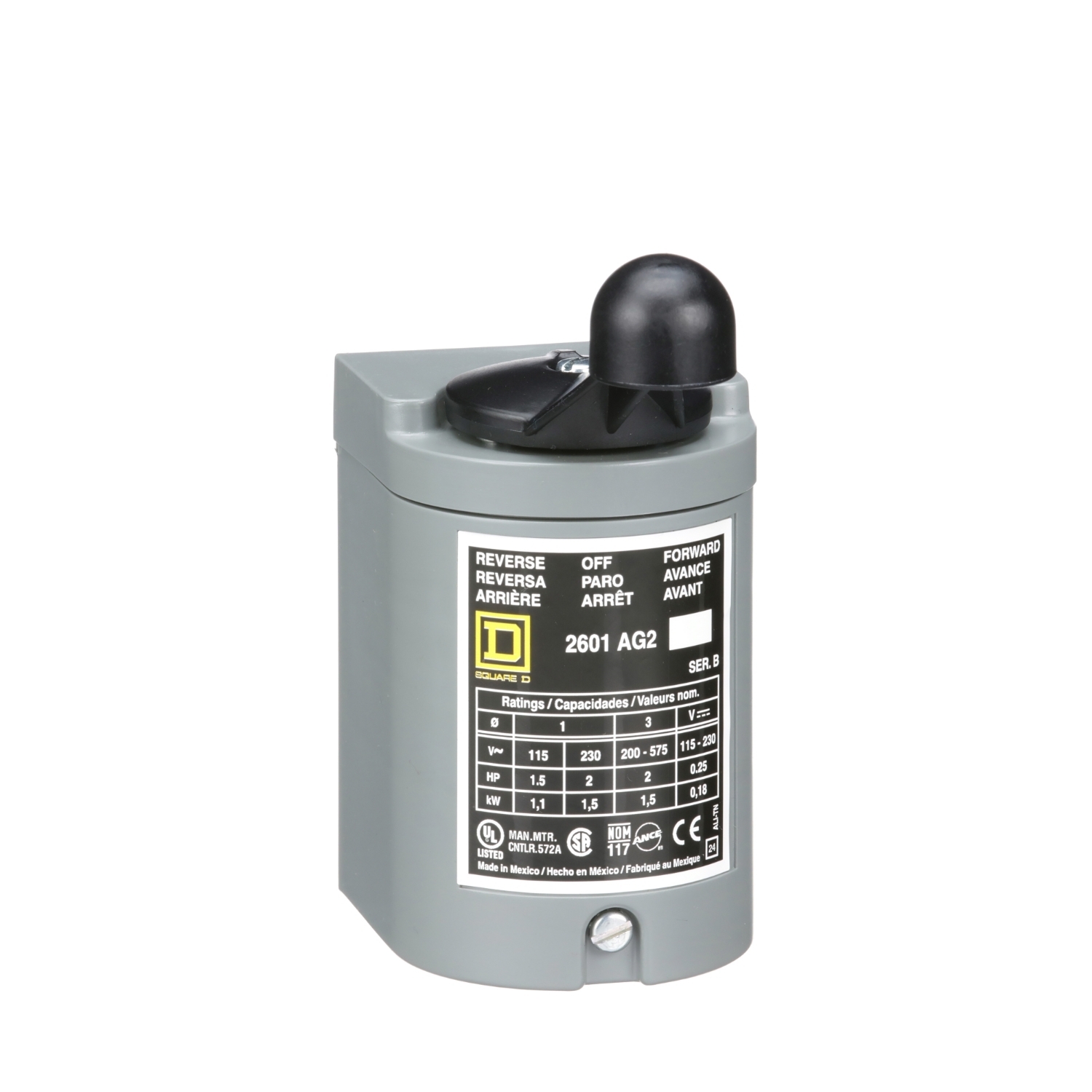 2601AG2 Type AG Drum Switch, 600 V AC/250 V DC, 2 hp, 1/4 hp, 1-1/2 hp Power Rating, 3 Poles