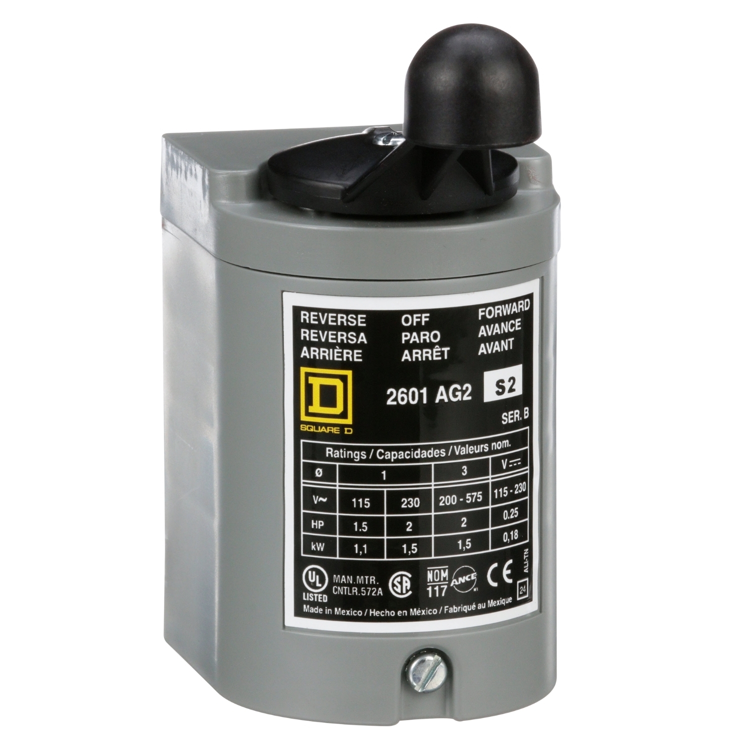 2601AG2S2 A Series Type AG Class 2601 General Purpose Drum Switch, 600 V AC/250 V DC, 1/2 hp Power Rating, 3 Poles