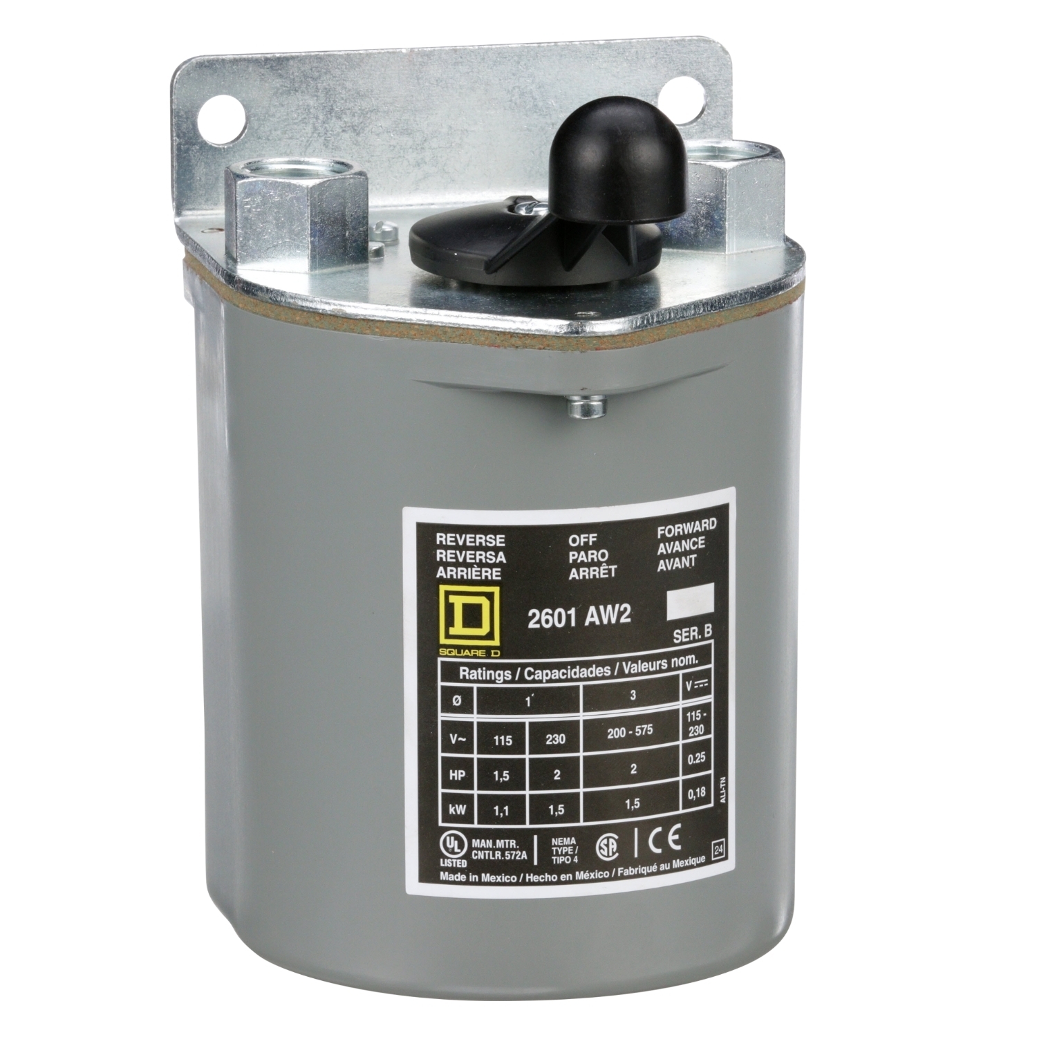2601AW2 A Series Type AW Class 2601 Dust/Watertight Drum Switch, 600 V AC/250 V DC, 2 hp Power Rating, 3 Poles