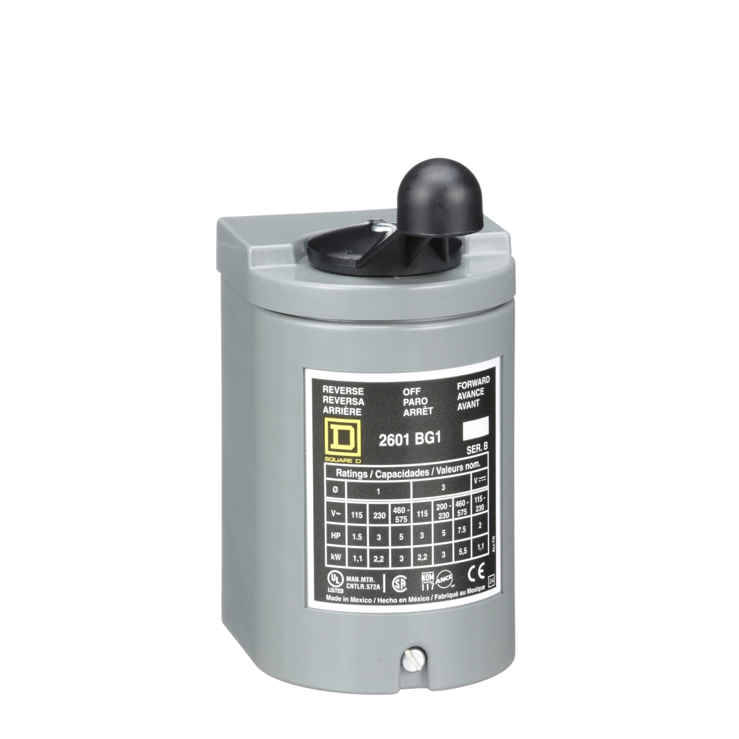 2601BG1 B Series Type BG Class 2601 General Purpose Drum Switch, 600 V AC/250 V DC, 7-1/2 hp Power Rating, 3 Poles