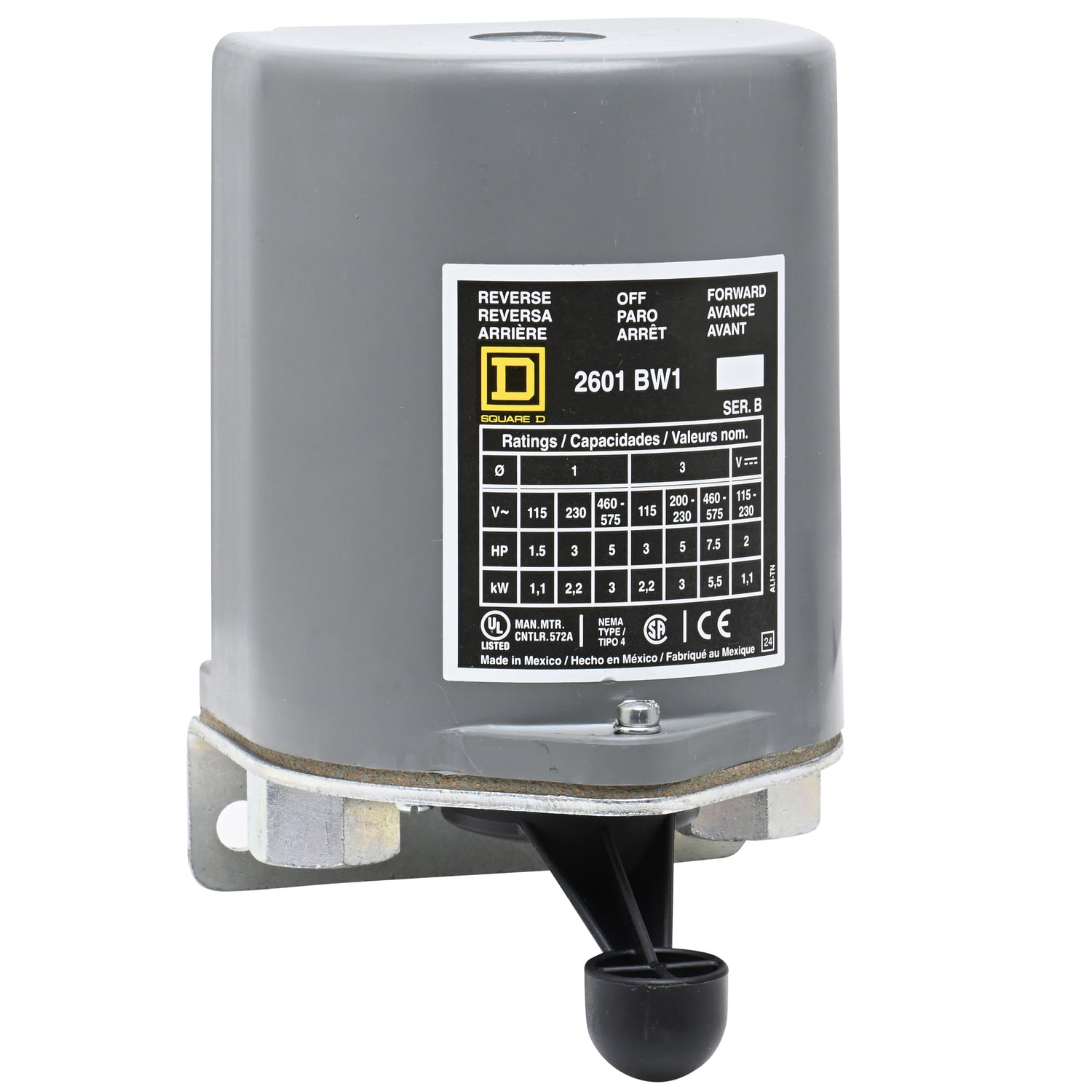 2601BW1 B Series Type BW Class 2601 Dust/Watertight Drum Switch, 600 V AC/250 V DC, 7-1/2 hp Power Rating, 3 Poles