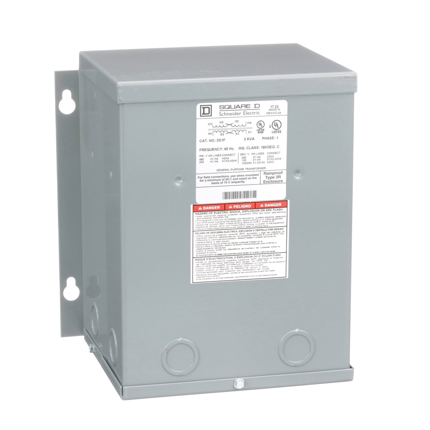 2S1F Distribution Dry Sealed Encapsulated Resin Sealed Transformer, 240 x 480 V AC Primary, 120/240 VAC Secondary, 2 kVA Power Rating, 60 Hz, 1 Phase