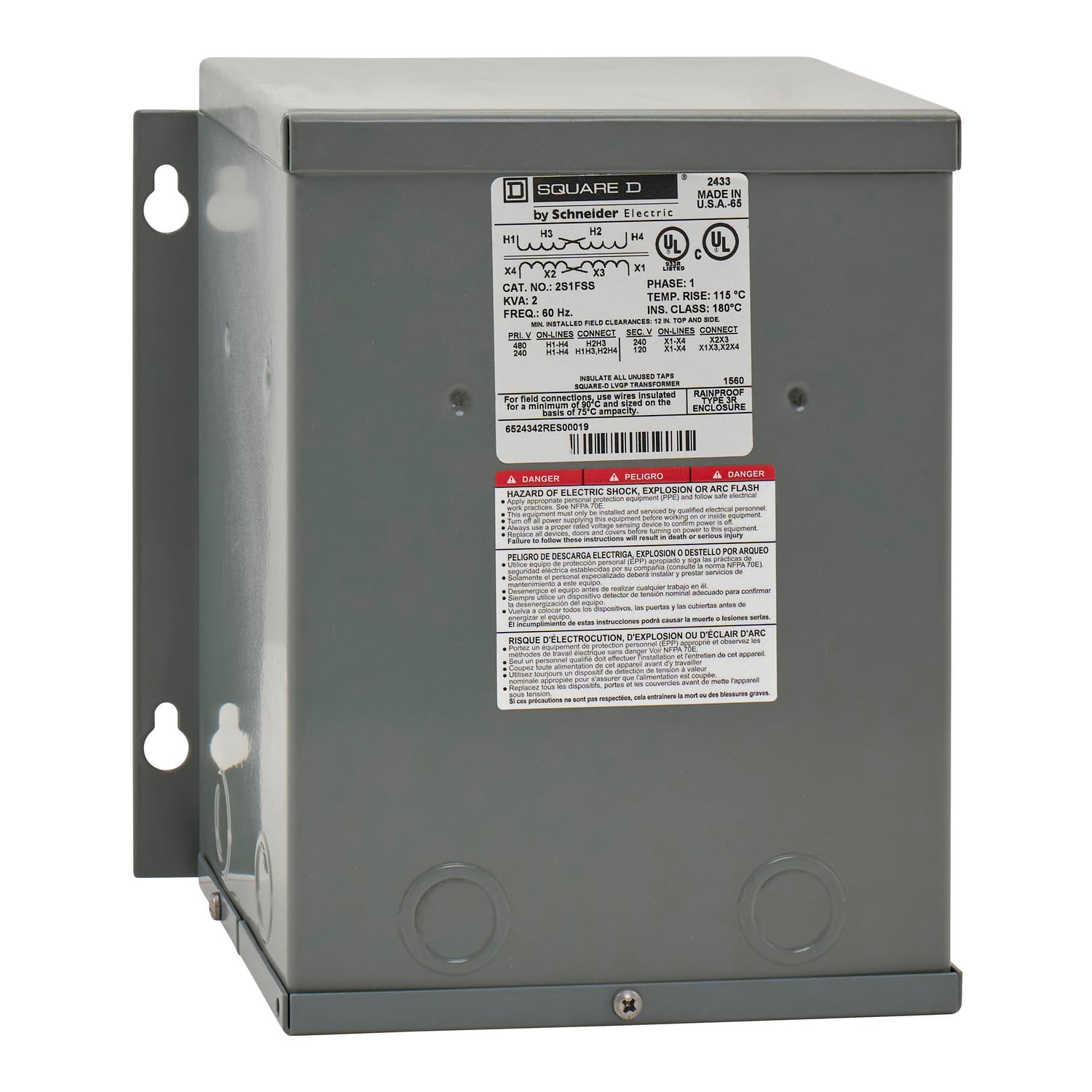 2S1FSS Dry Sealed Energy Efficient General Purpose Transformer, 240/480 V AC Primary, 120/240 VAC Secondary, 2 kVA Power Rating, 60 Hz, 1 Phase