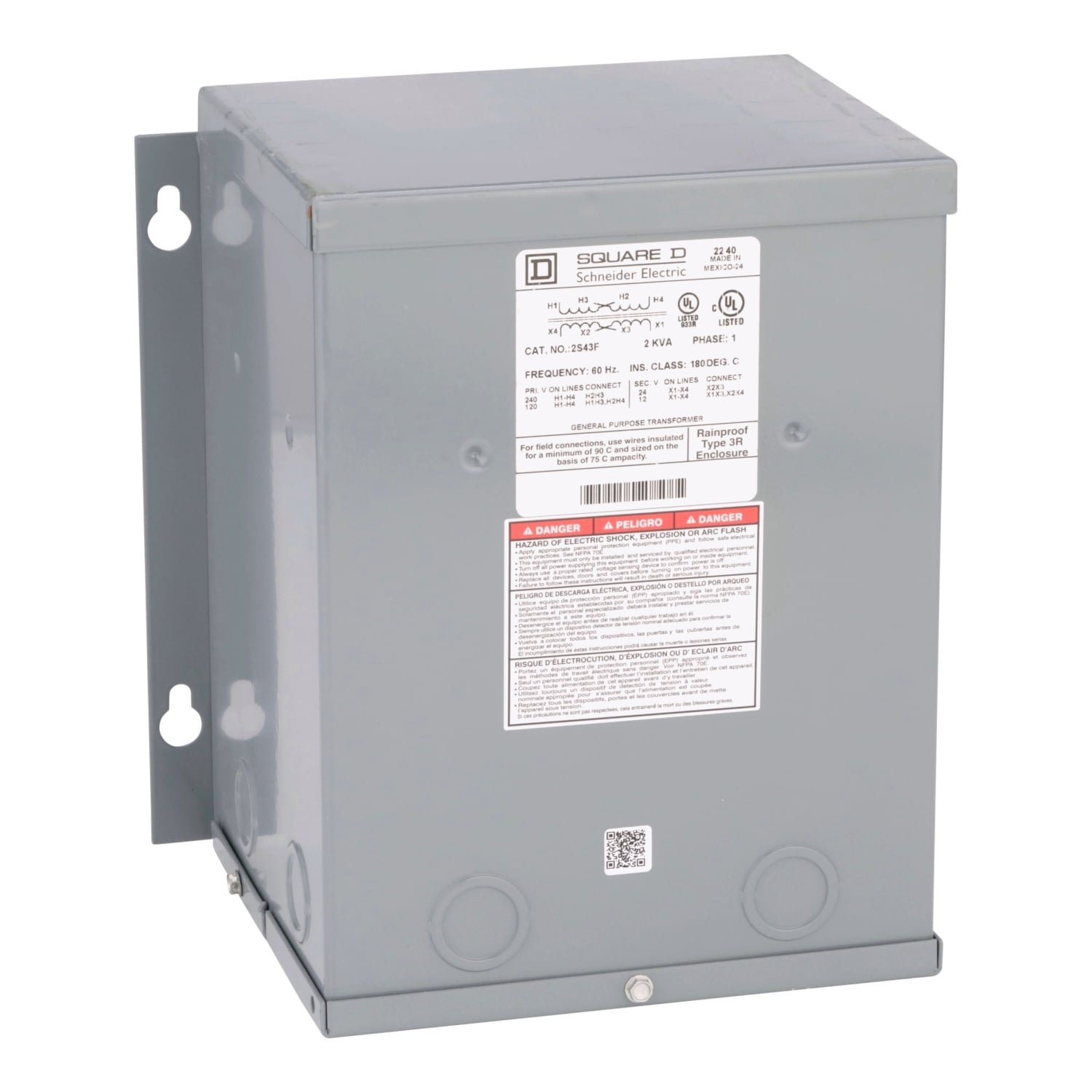 2S43F Dry Buck and Boost Transformer, 120/240 V AC Primary, 12/24 VAC Secondary, 2 kVA Power Rating, 60 Hz, 1 Phase