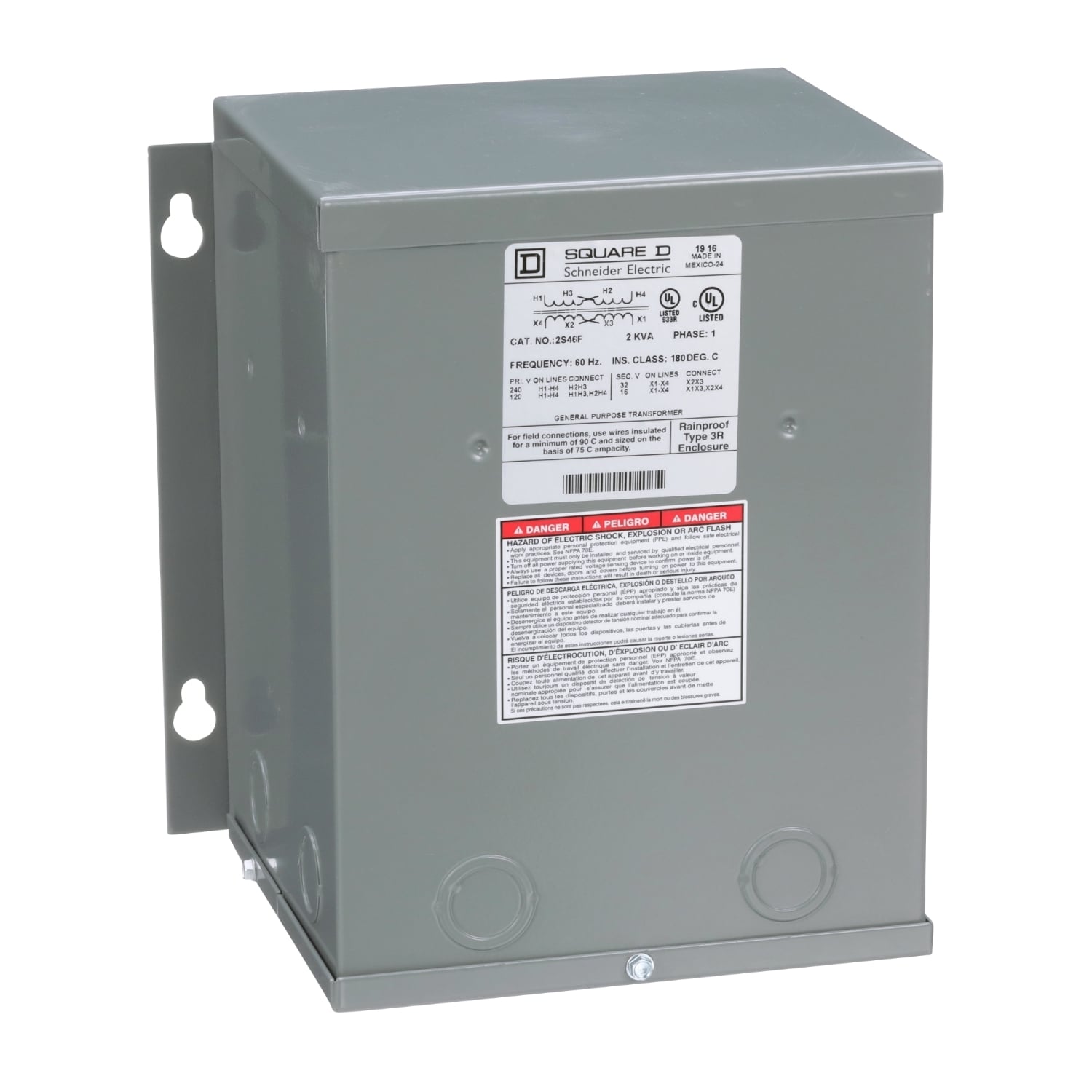 2S46F Dry Buck And Boost Transformer, 120/240 V AC Primary, 16/32 VAC Secondary, 2 kVA Power Rating, 60 Hz, 1 Phase