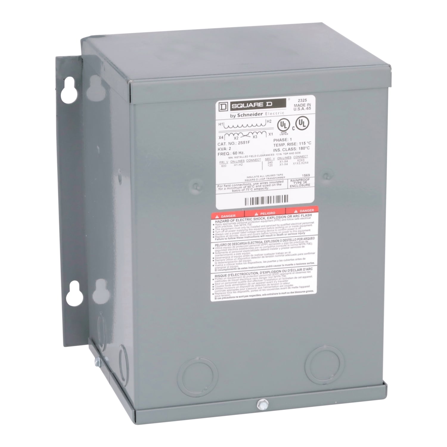 2S51F Dry Sealed Low Voltage Low Voltage Transformer, 600 V AC Primary, 120/240 VAC Secondary, 2 kVA Power Rating, 60 Hz, 1 Phase