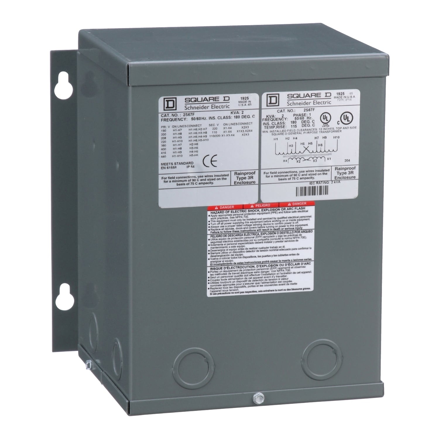 2S67F Dry Sealed Encapsulated Multi-Tap Transformer, 220/440 V AC Primary, 110/220 VAC Secondary, 2 kVA Power Rating, 50/60 Hz, 1 Phase